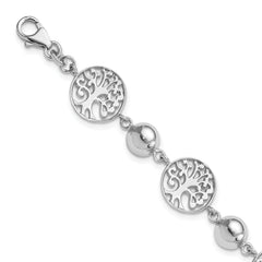 Sterling Silver Rhod-plated Round Tree and Circle w/1in ext. Bracelet