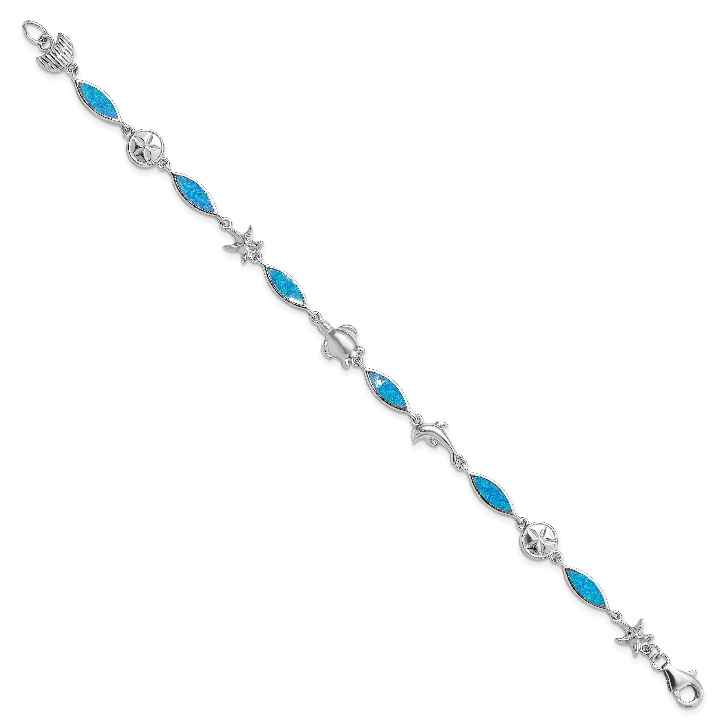 Sterling Silver Rhodium-plated Lab Created Opal Sea Life Bracelet