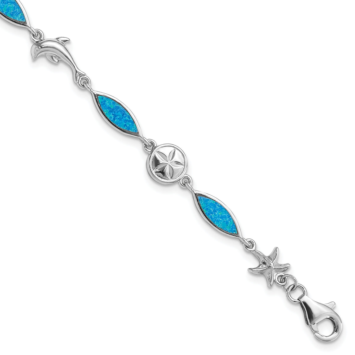 Sterling Silver Rhodium-plated Lab Created Opal Sea Life Bracelet