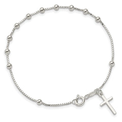 Sterling Silver Polished Beaded Cross 7.25in Bracelet