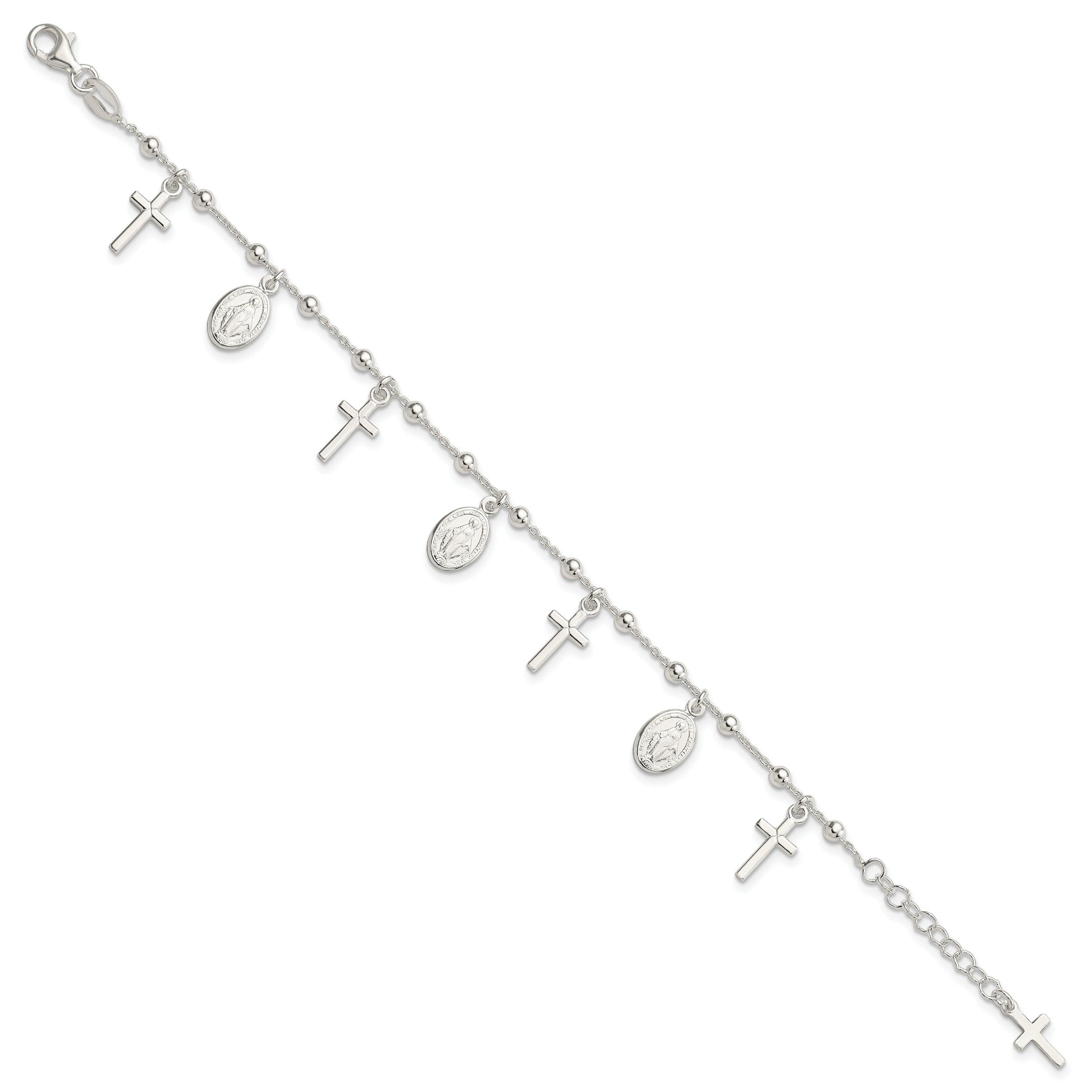 Sterling Silver Polished w/1in ext Cross Miraculous Medal Bracelet