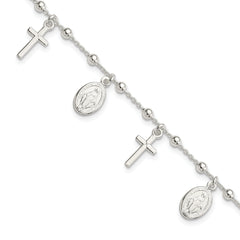 Sterling Silver Polished w/1in ext Cross Miraculous Medal Bracelet