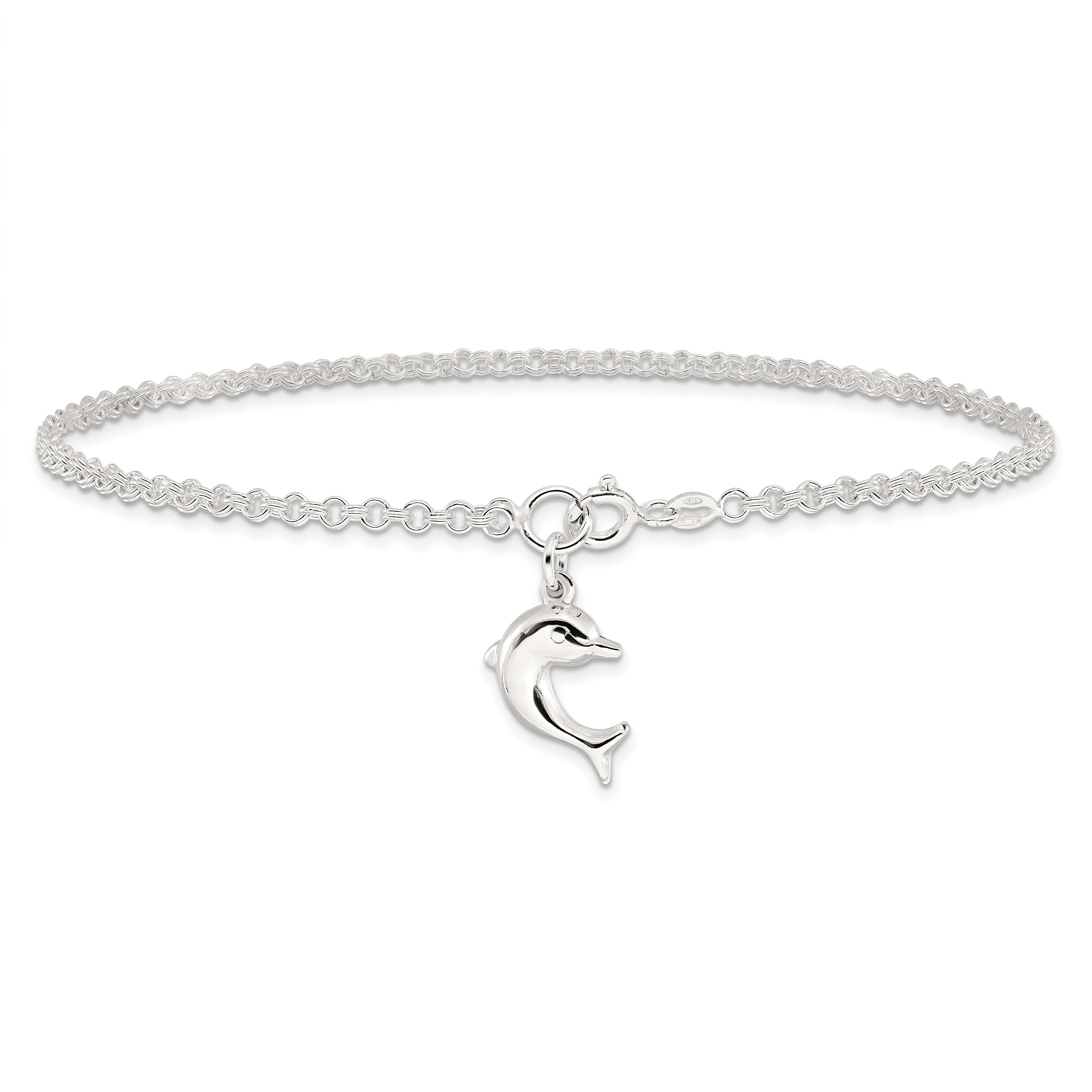 Sterling Silver 9inch Hollow Polished 3-D Dolphin Anklet