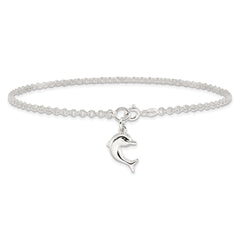 Sterling Silver 9inch Hollow Polished 3-D Dolphin Anklet