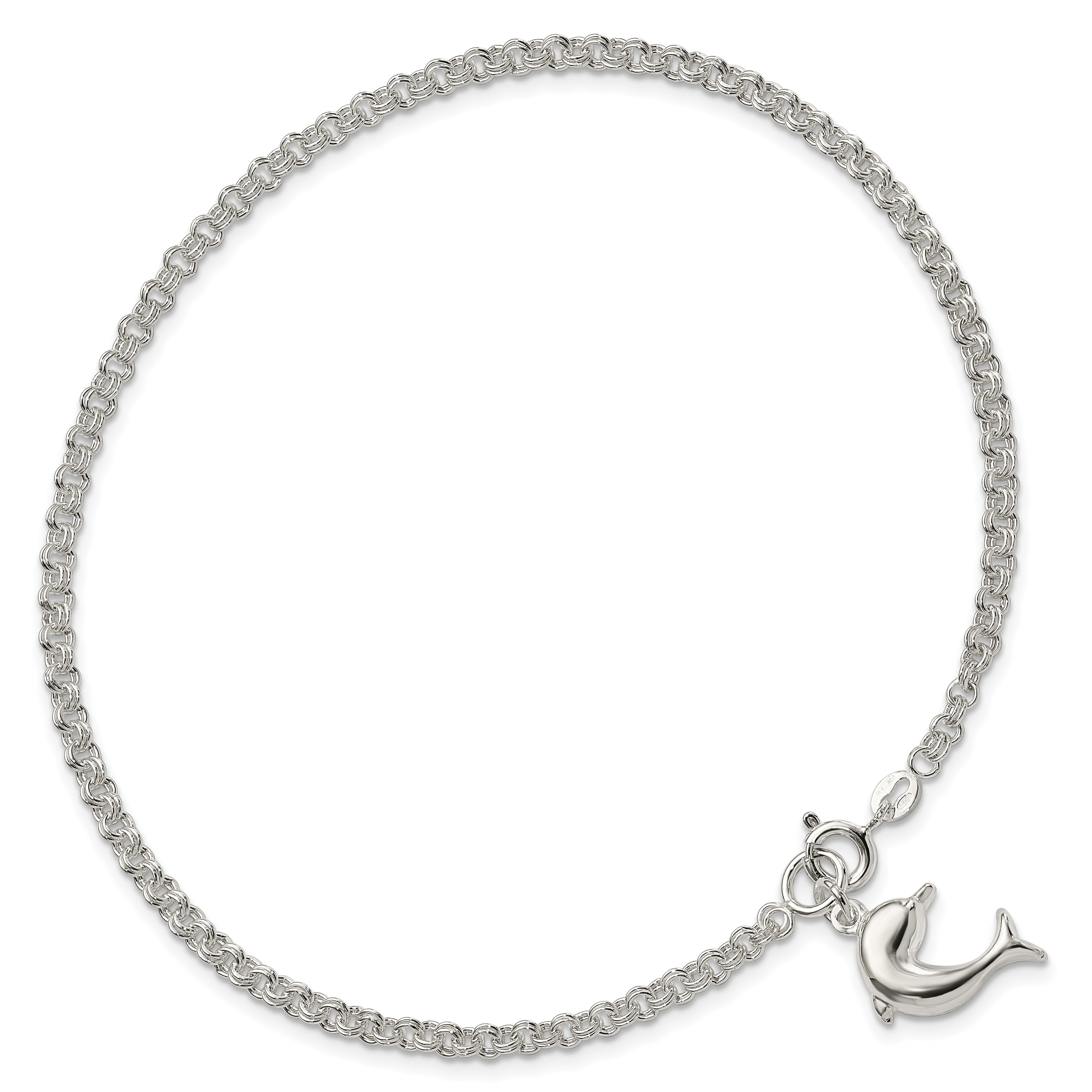 Sterling Silver 9inch Hollow Polished 3-D Dolphin Anklet