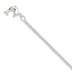 Sterling Silver 10inch Hollow Polished 3-D Dolphin Anklet