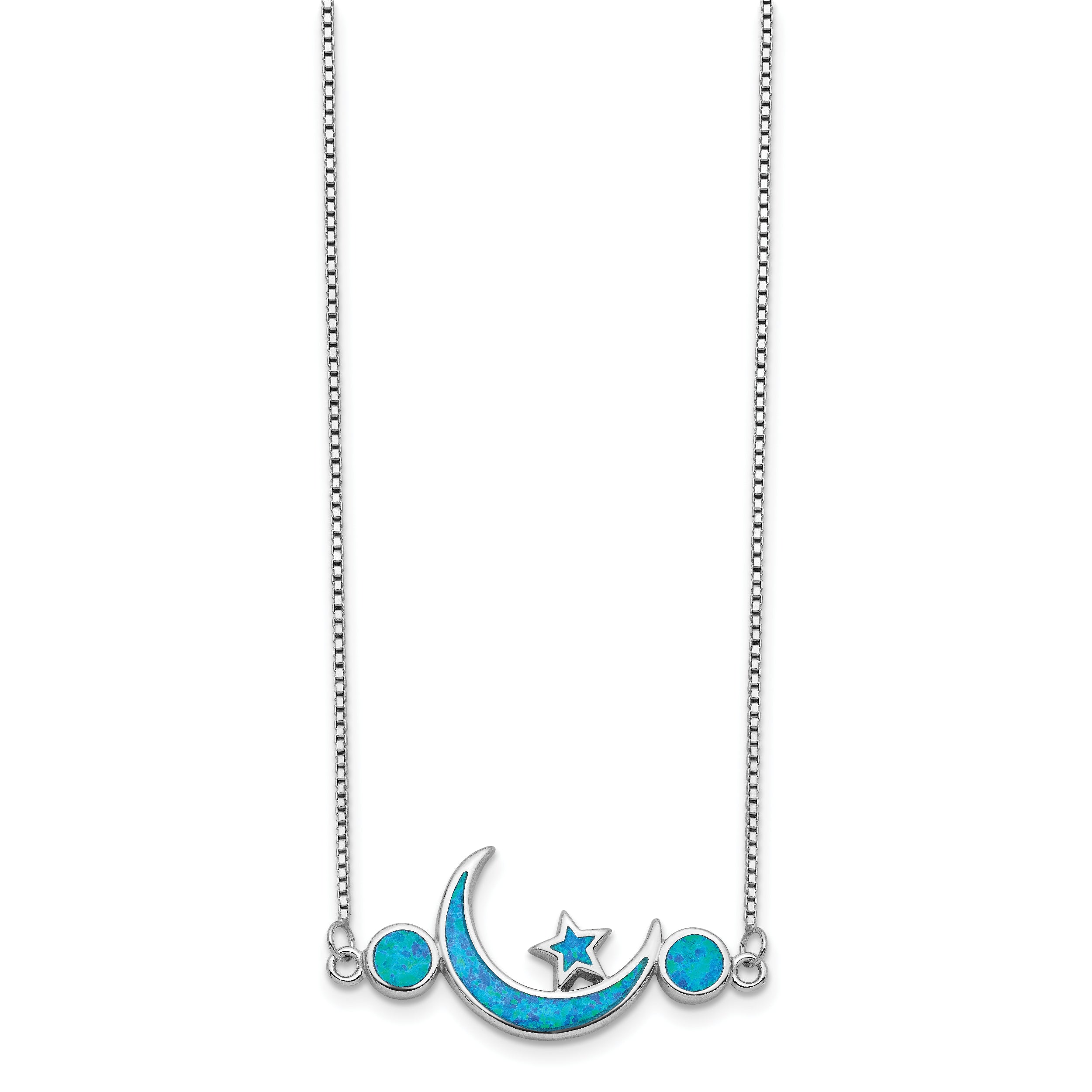 Sterling Silver Rhod-plated Created Opal Moon and Star Necklace