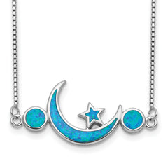 Sterling Silver Rhod-plated Created Opal Moon and Star Necklace