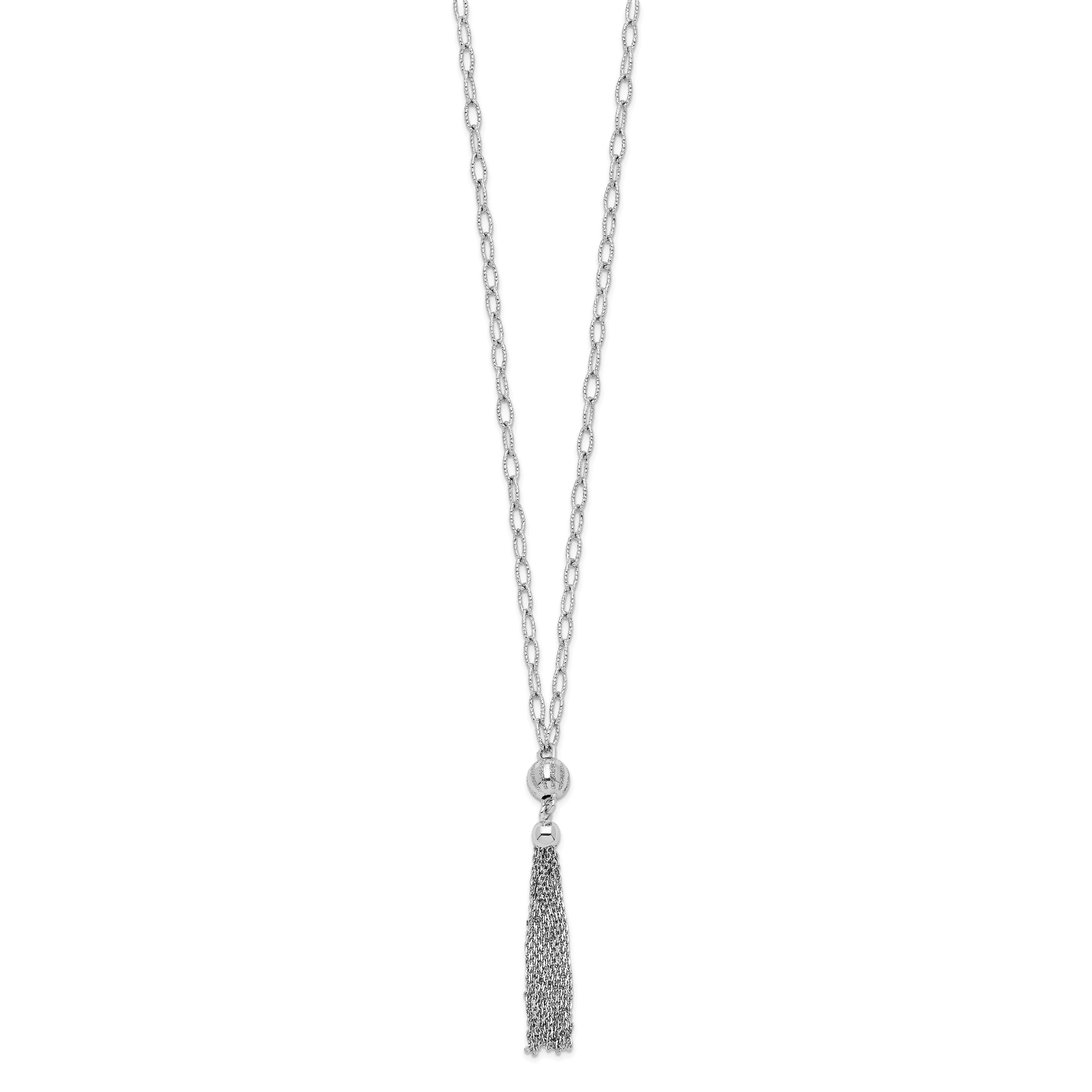 Sterling Silver 925 Beaded Tassel Necklace with Rhodium Polish