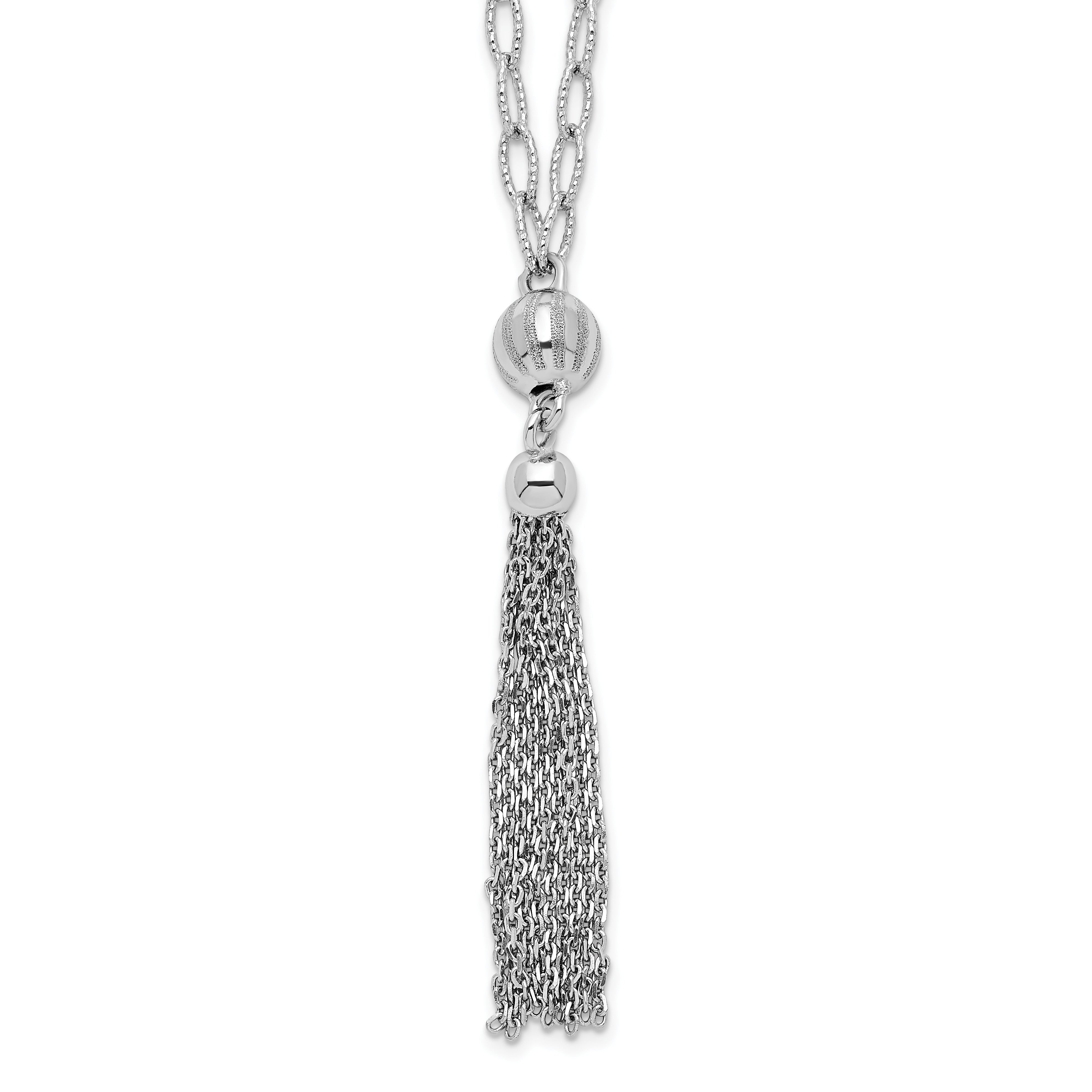 Sterling Silver Rhodium-plated D/C Polished Beaded Tassel Necklace