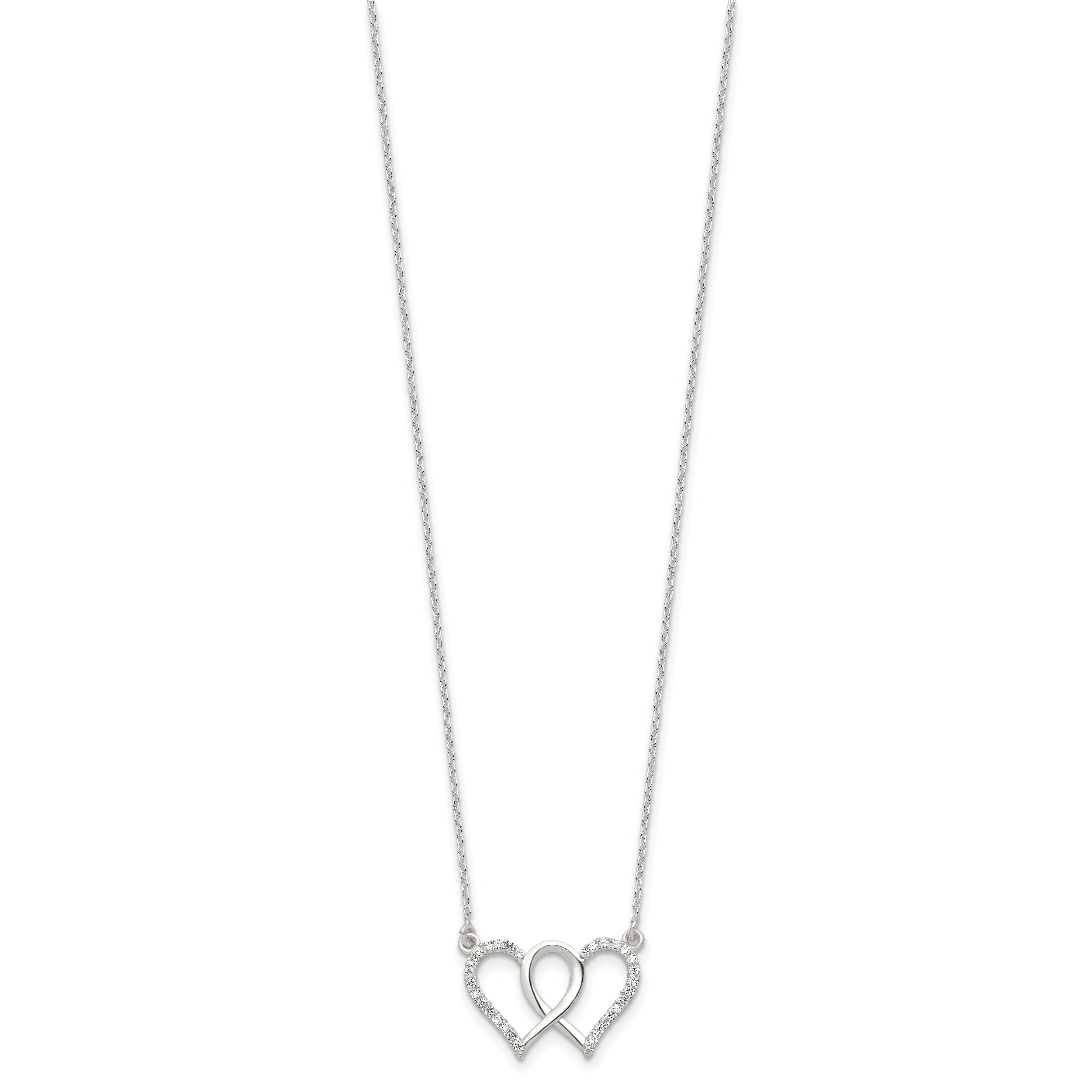 Sterling Silver Polished Interconnected CZ Double Hearts 18 inch Necklace