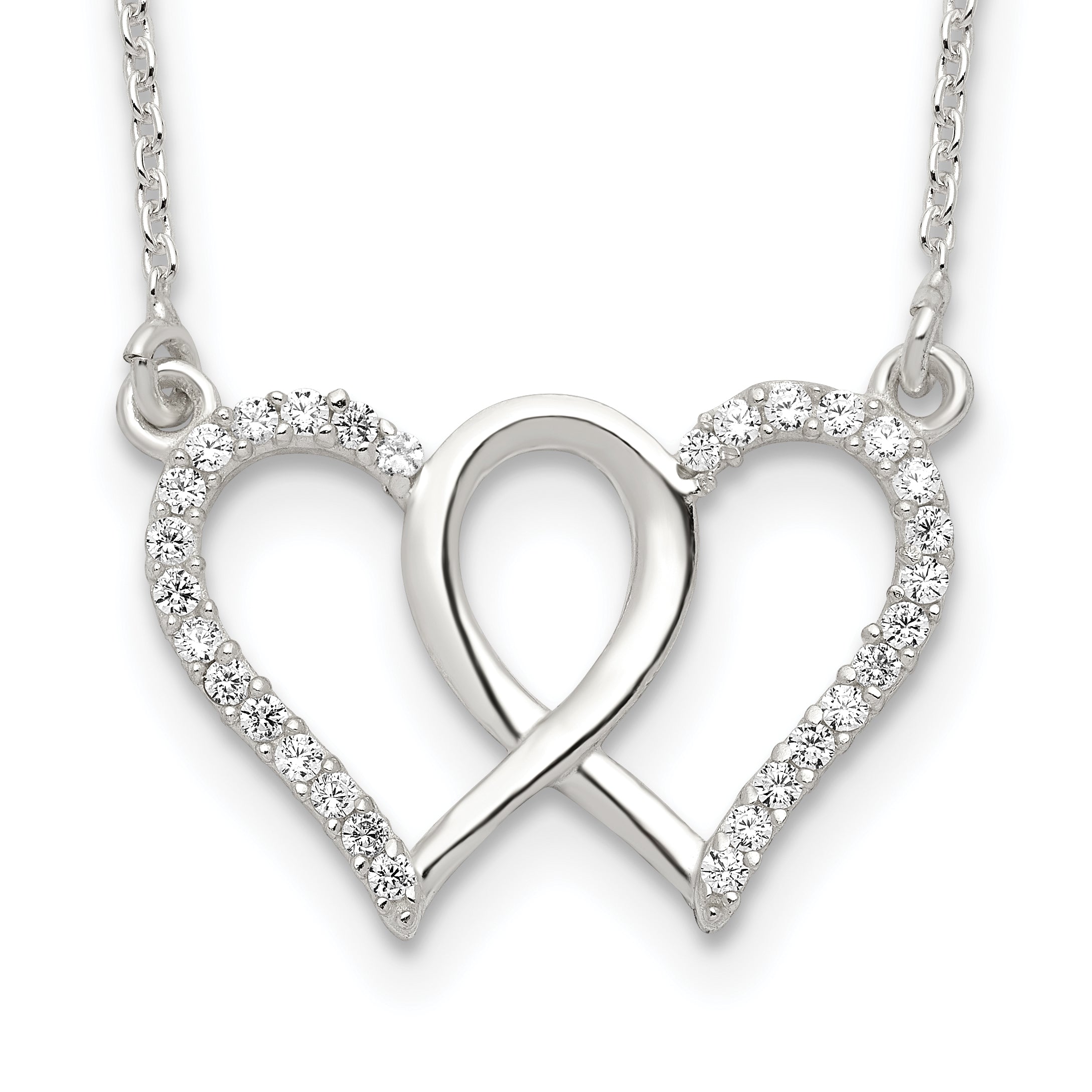 Sterling Silver Polished Interconnected CZ Double Hearts 18 inch Necklace