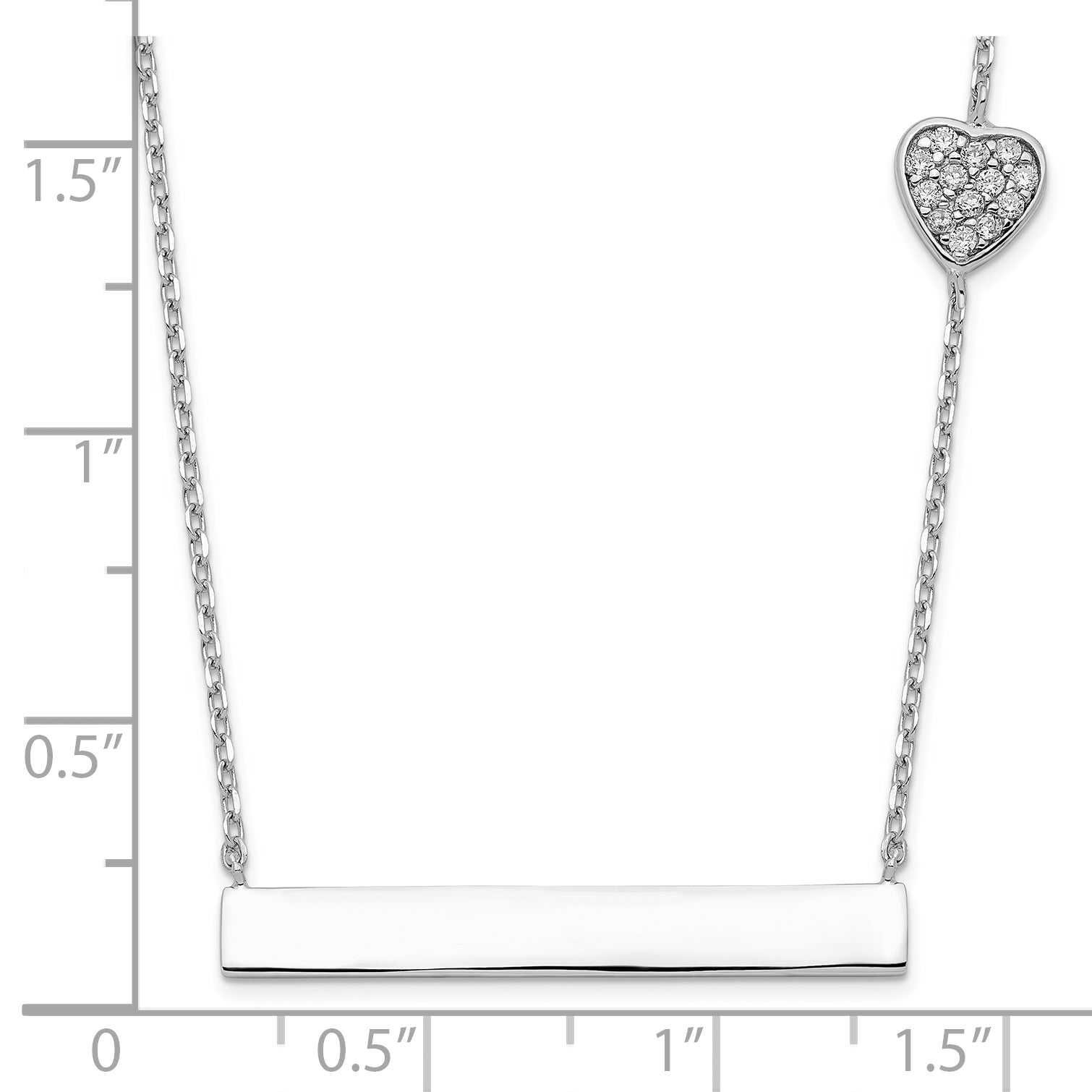 Sterling Silver CZ Heart Bar Necklace with Polished Rhodium Finish