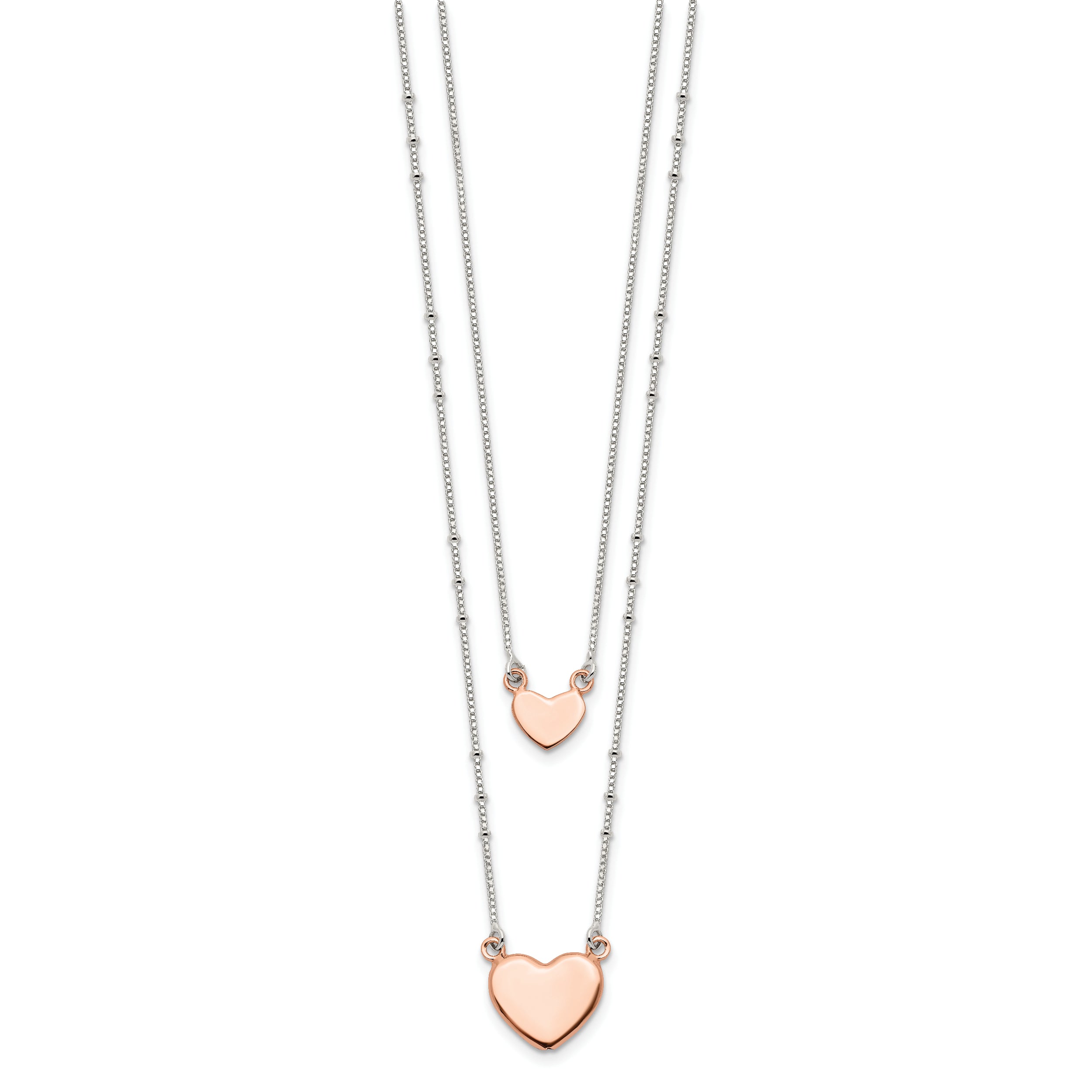 Sterling Silver Rose-tone 2-Strand Heart Dangle Necklace