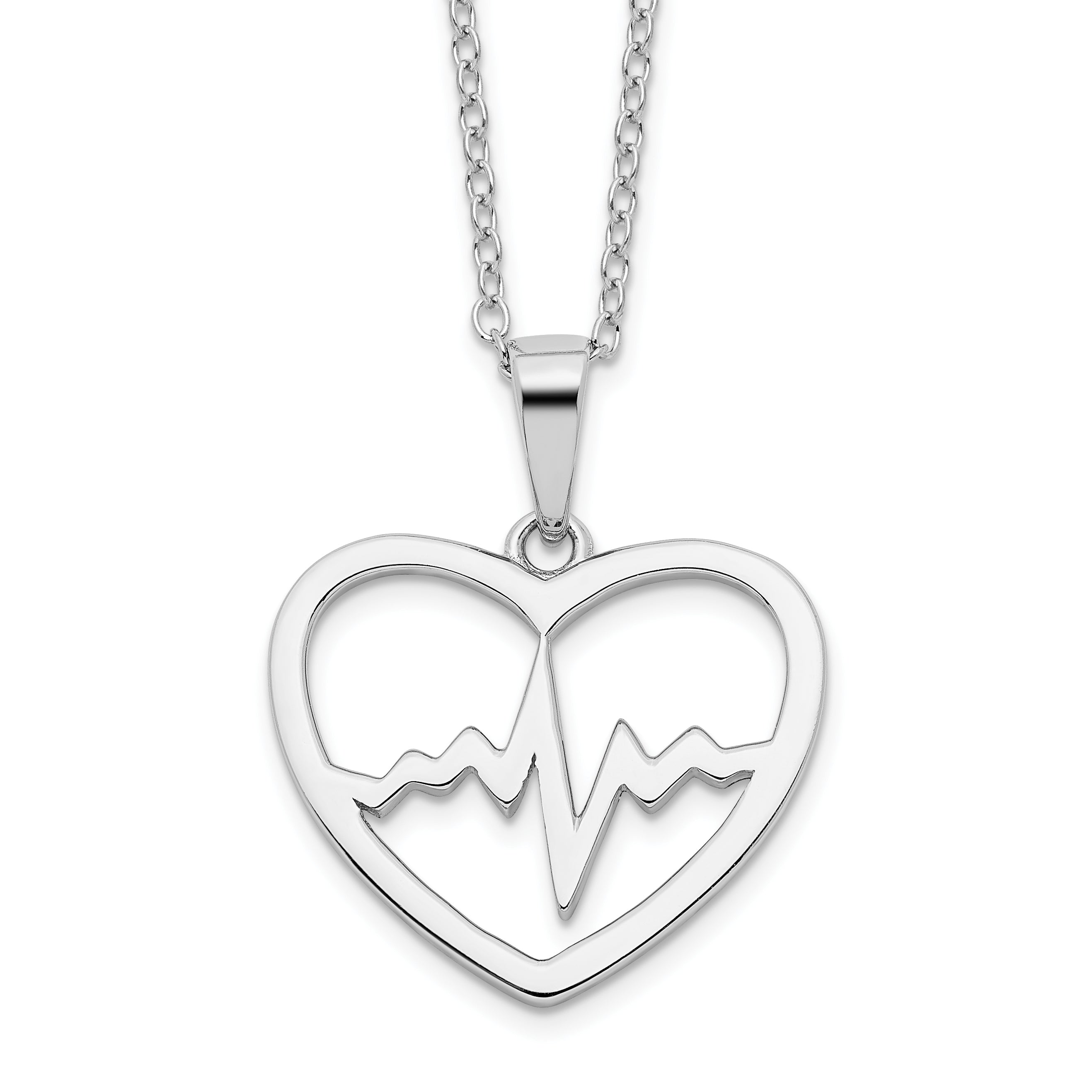 Sterling Silver Rhodium-plated Heartbeat in Heart 16in w/2in Ext Necklace