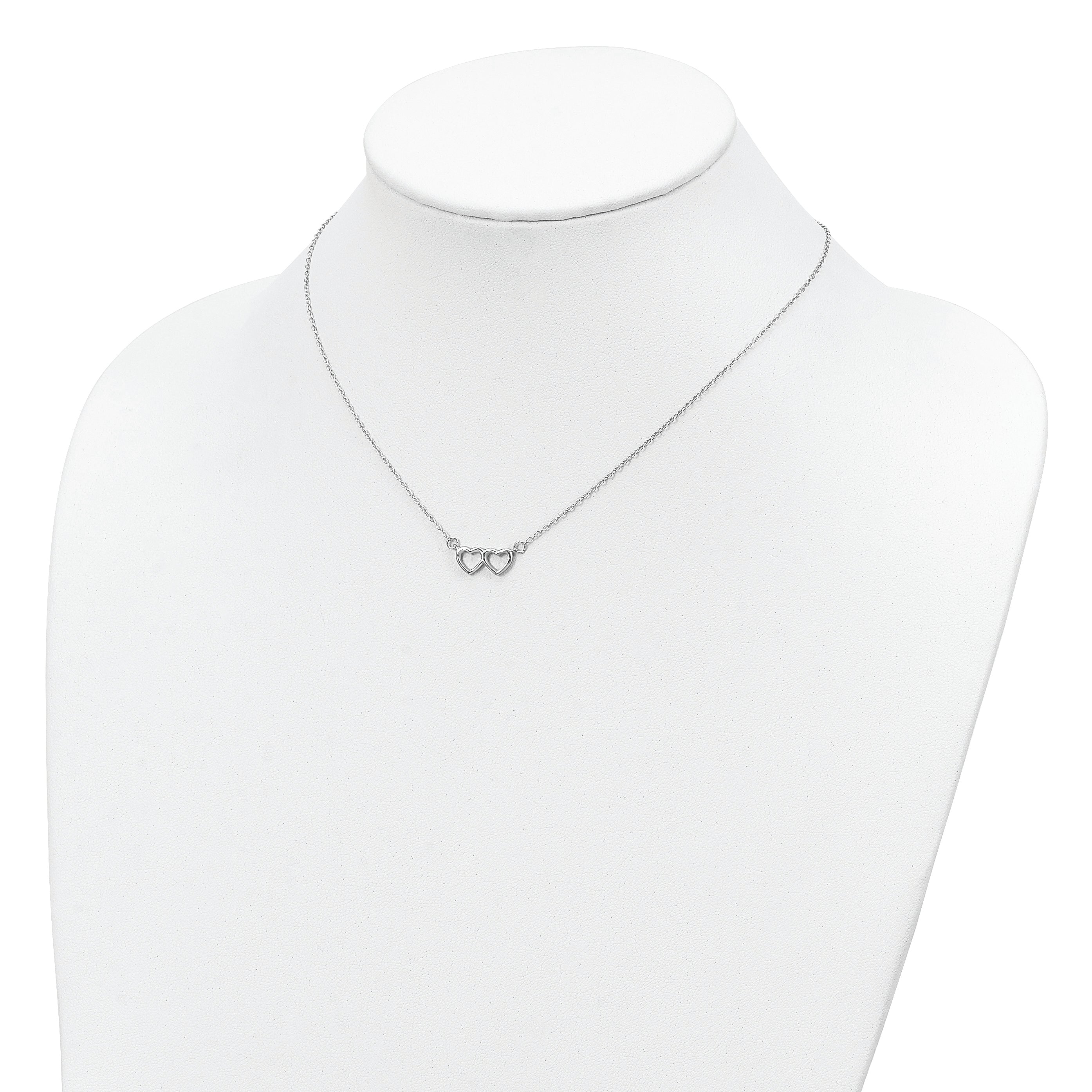 Sterling Silver Rhodium-plated Polished Double Linked Heart 16 inch Necklace with 2 inch extension