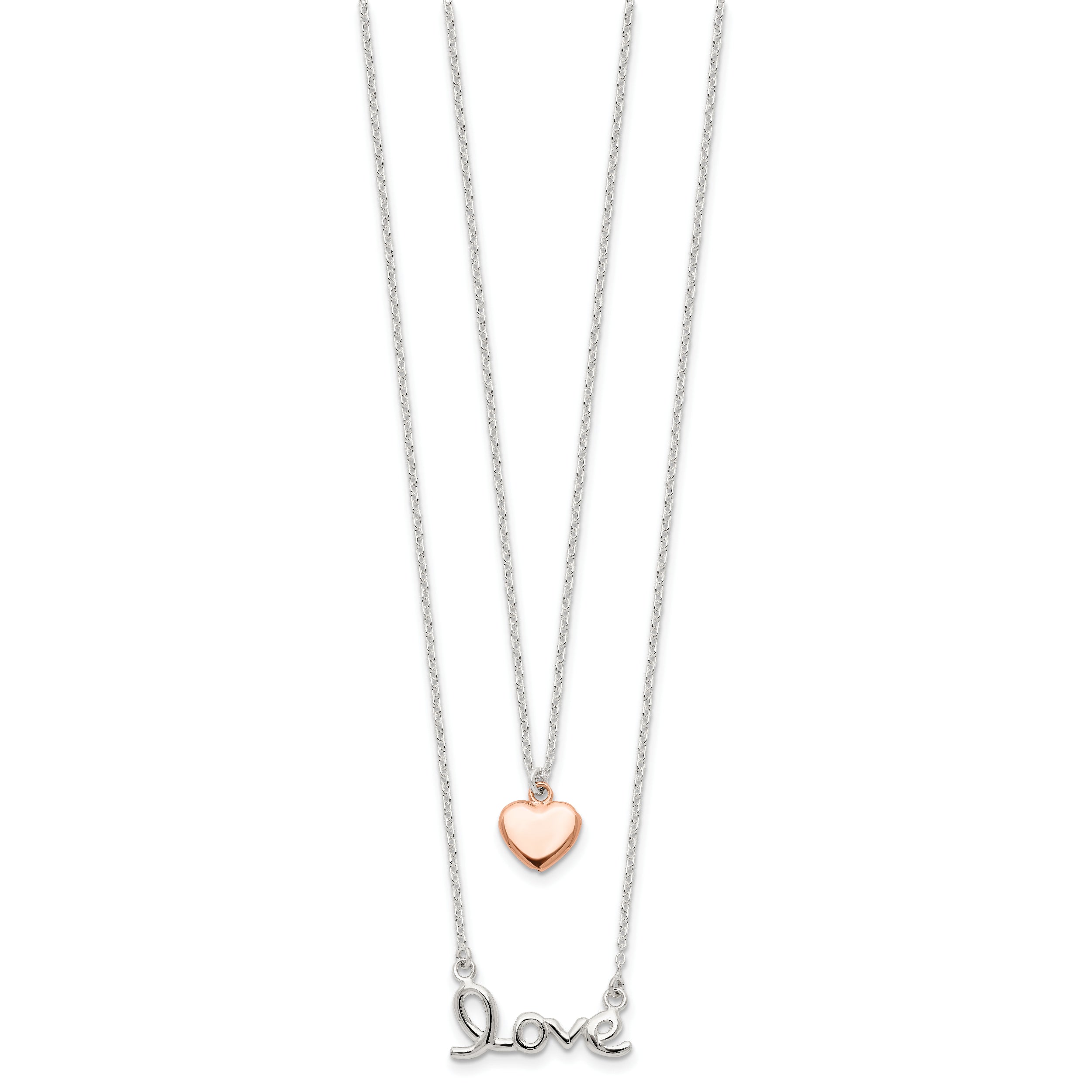 Sterling Silver Rose-tone LOVE and Heart 18in Necklace