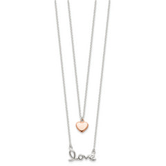 Sterling Silver Rose-tone LOVE and Heart 18in Necklace