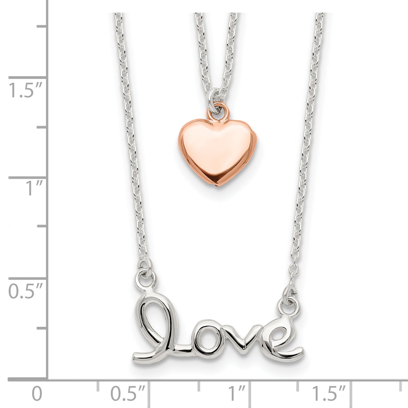 Sterling Silver Rose-tone LOVE and Heart 18in Necklace