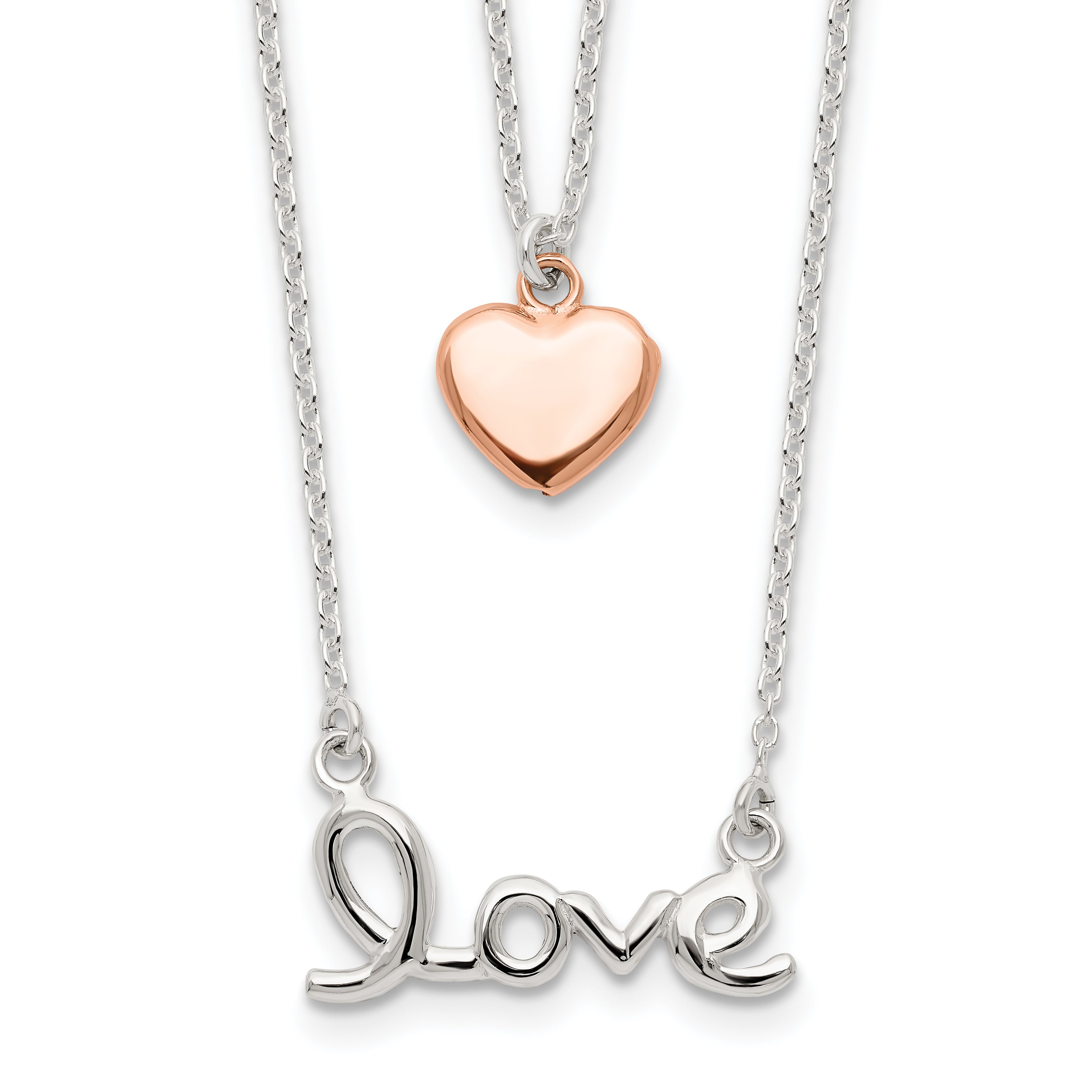 Sterling Silver Rose-tone LOVE and Heart 18in Necklace