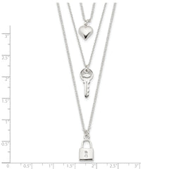 Sterling Silver Lock, Heart and Key Multi-Strand 16in Necklace