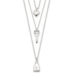 Sterling Silver Lock, Heart and Key Multi-Strand 16in Necklace