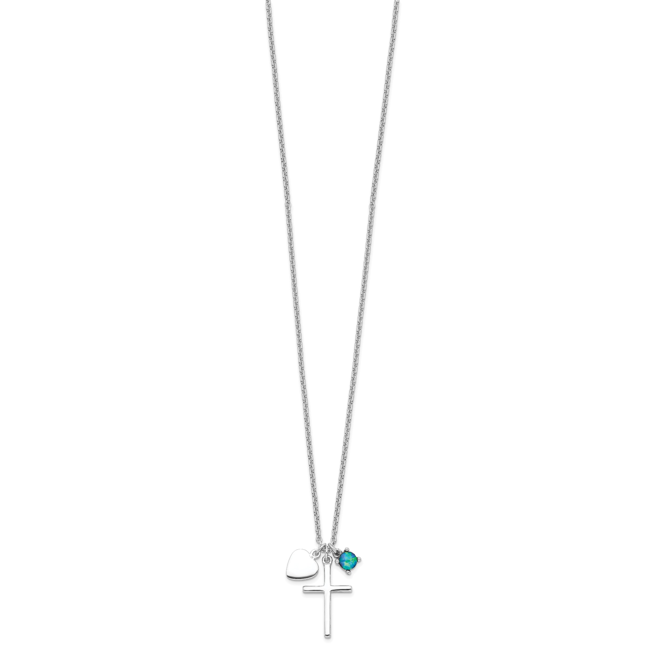 Sterling Silver Rhodium-plated Created Blue Opal Cross Necklace