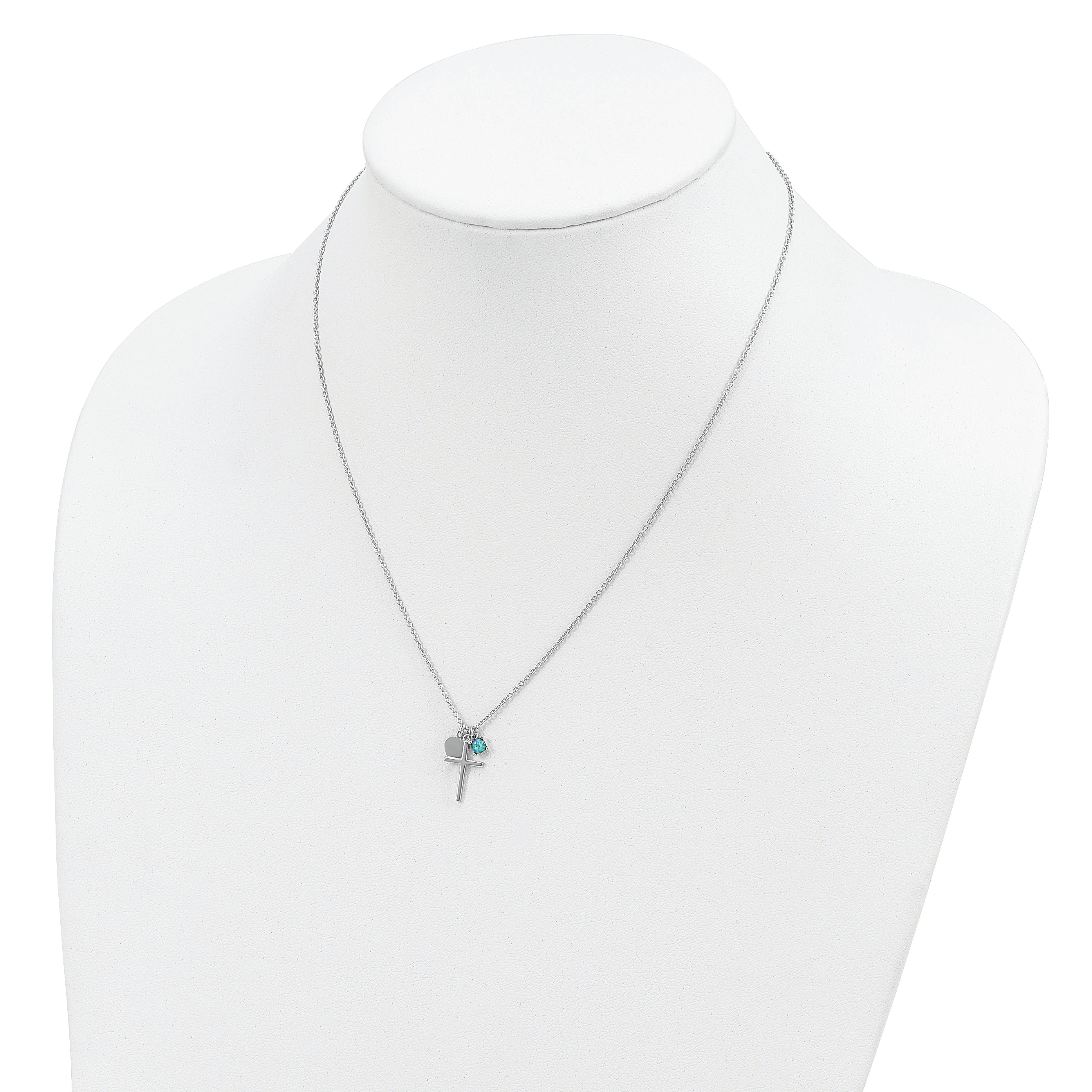 Sterling Silver Rhodium-plated Created Blue Opal Cross Necklace