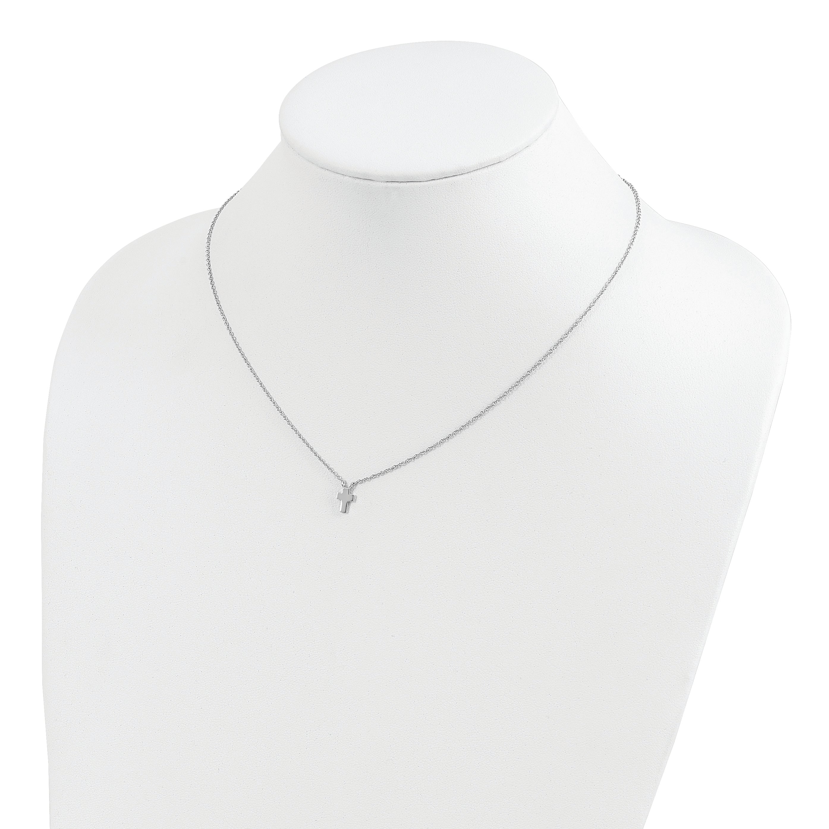 Sterling Silver Rhodium-plated w/2in ext. Polished Cross Necklace