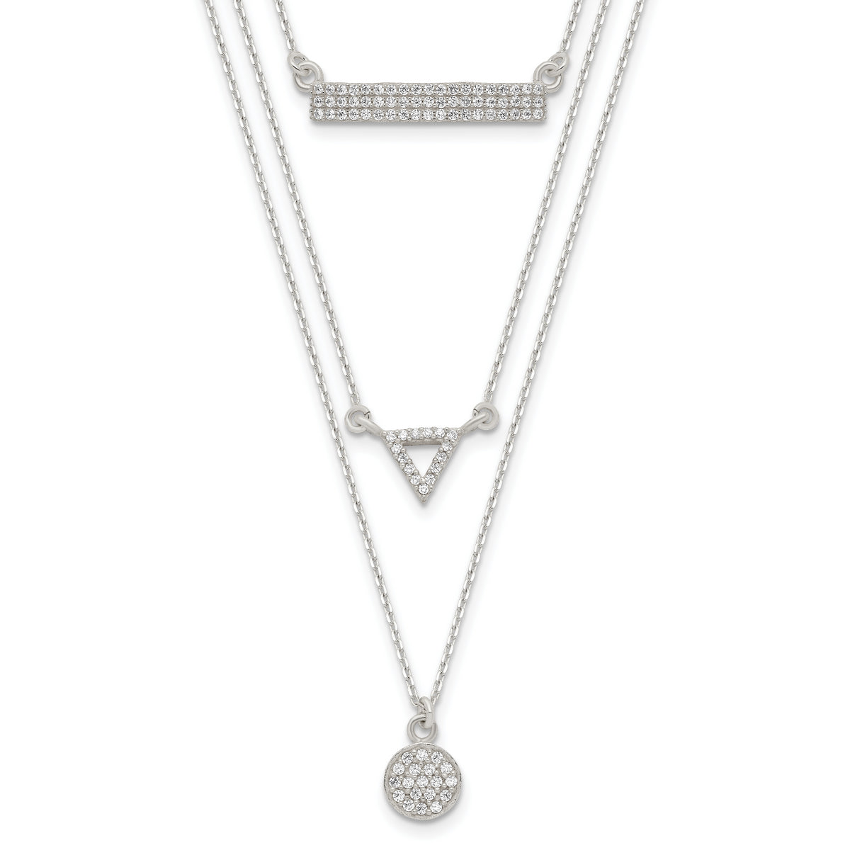 Sterling Silver CZ Circle Triangle and Bar 3-Strand Necklace