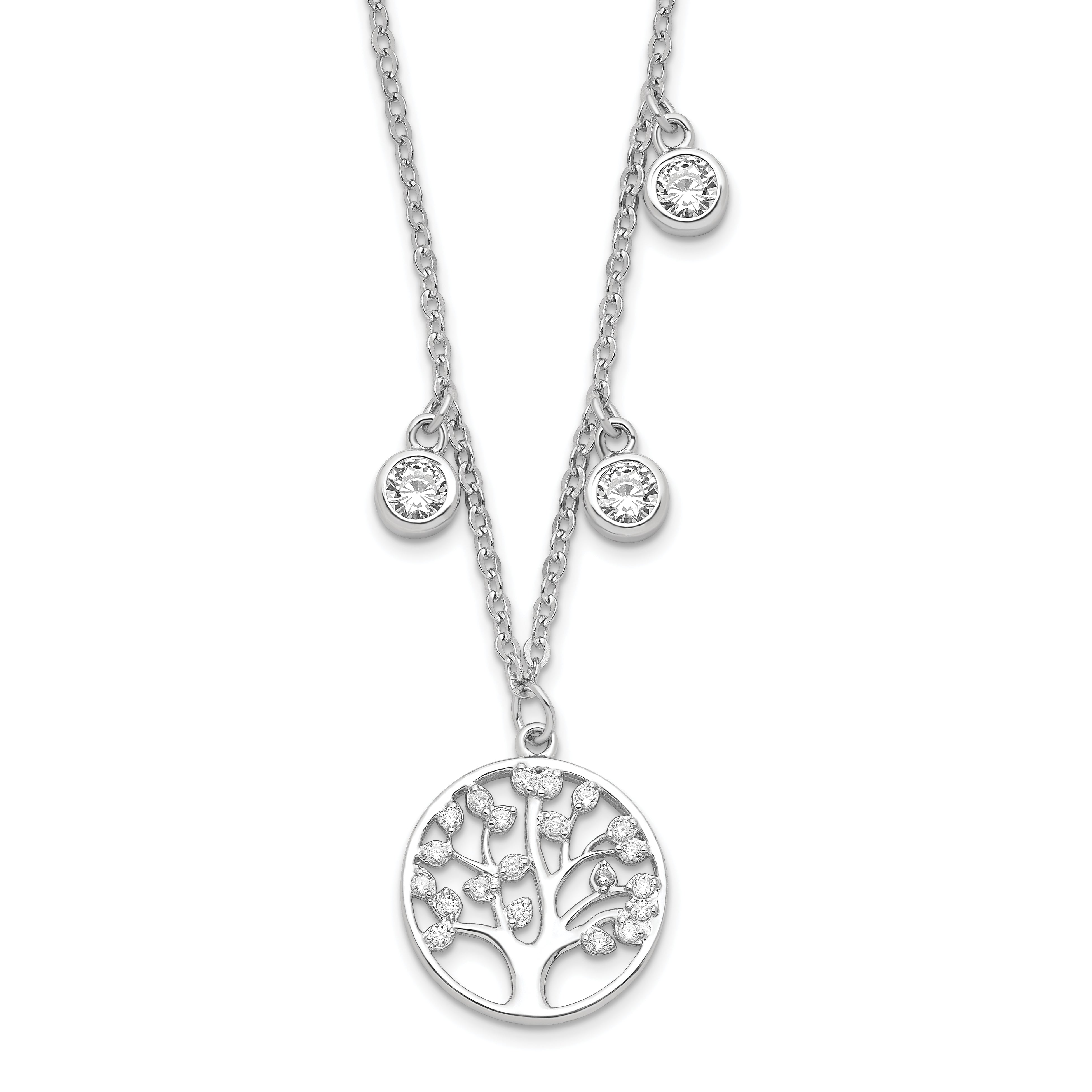 Sterling Silver Rhodium-plated CZ with Tree with 1in ext. Necklace