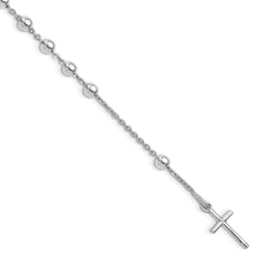 Sterling Silver Rhodium Plated Polished Beaded Cross Bracelet