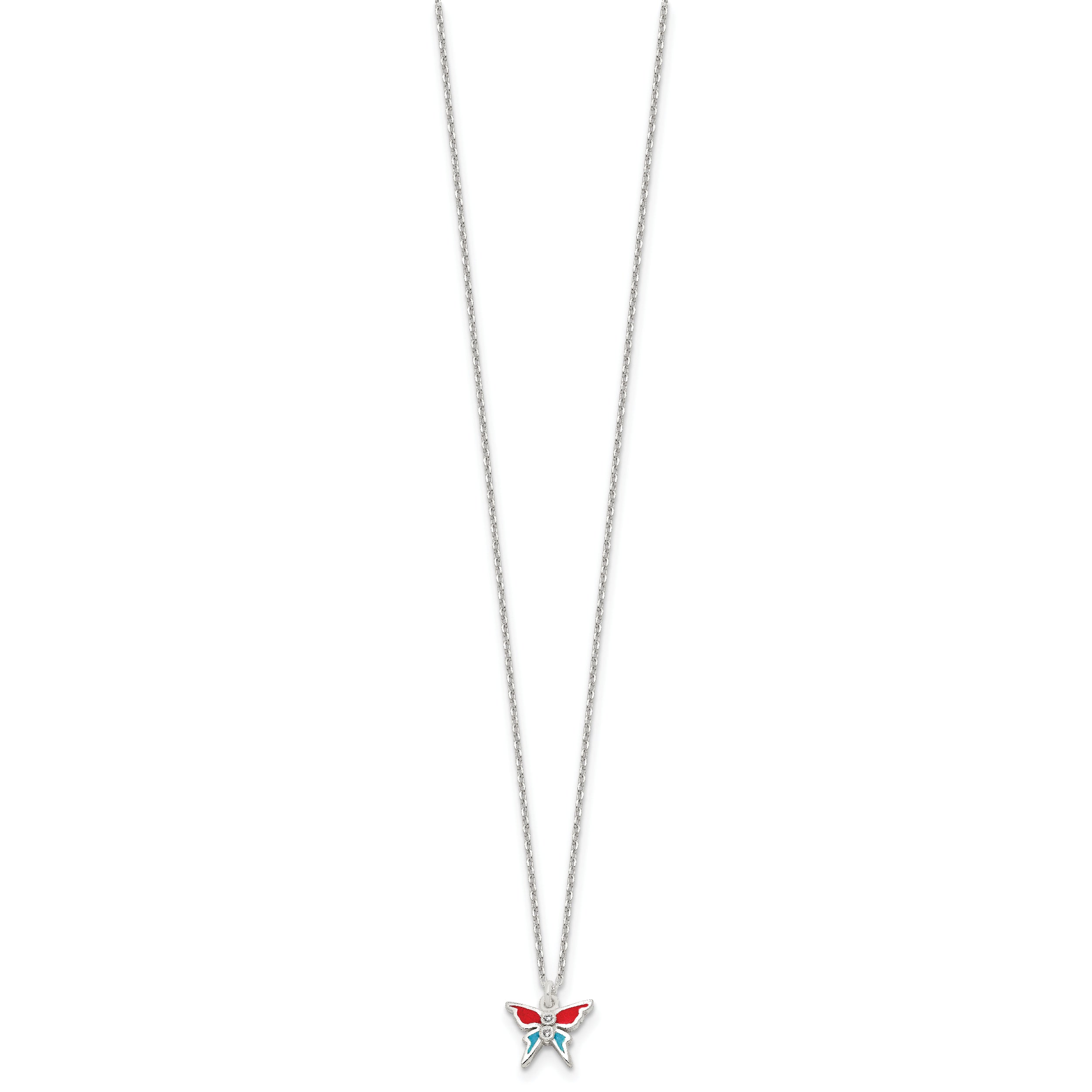 Sterling Silver Polished Red and Blue Enameled CZ Butterfly Children's Necklace