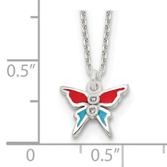 Sterling Silver Polished Red and Blue Enameled CZ Butterfly Children's Necklace