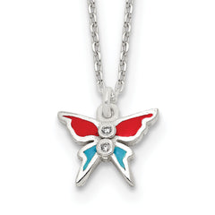 Sterling Silver Polished Red and Blue Enameled CZ Butterfly Children's Necklace