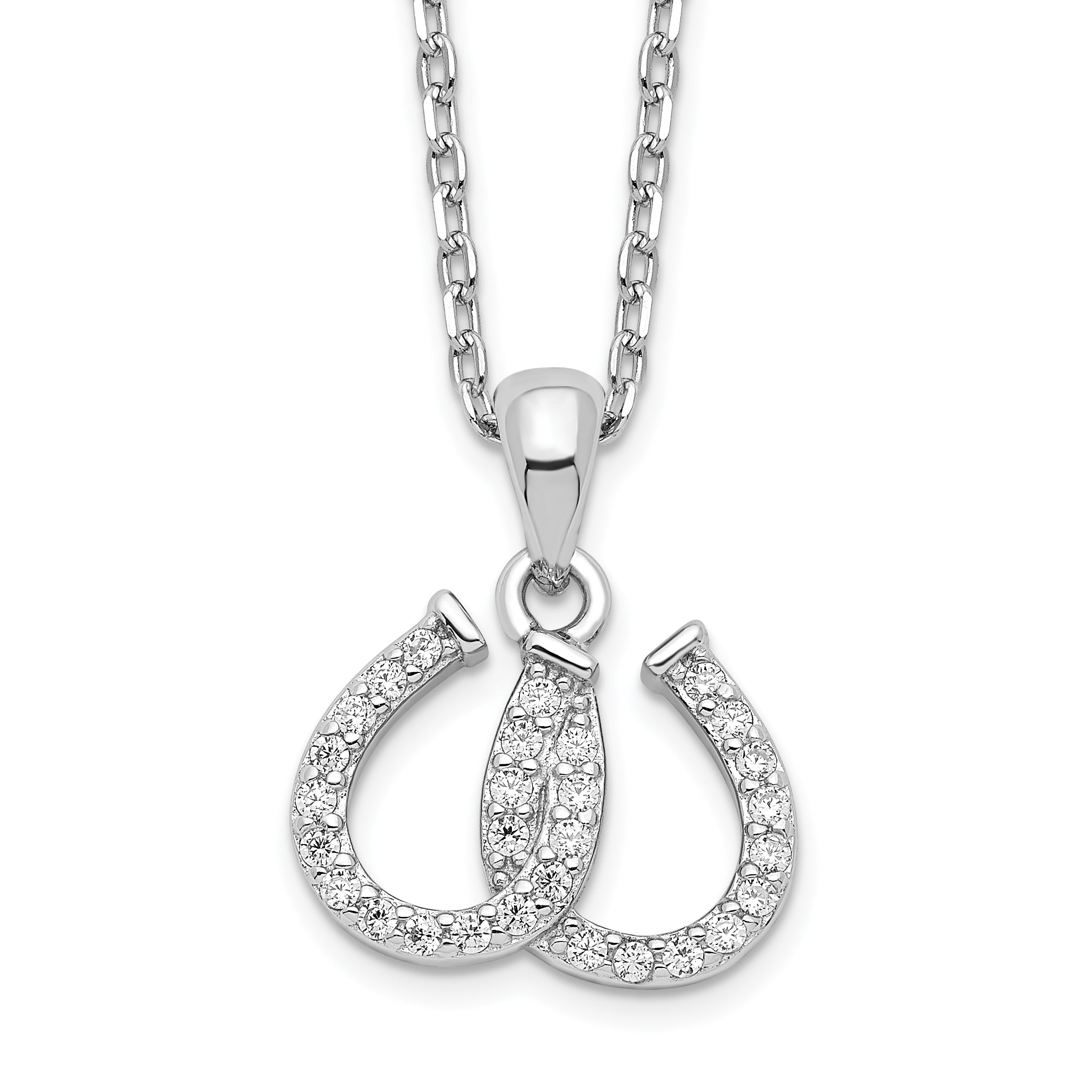 Sterling Silver Rhodium-plated CZ Double Horseshoe Necklace