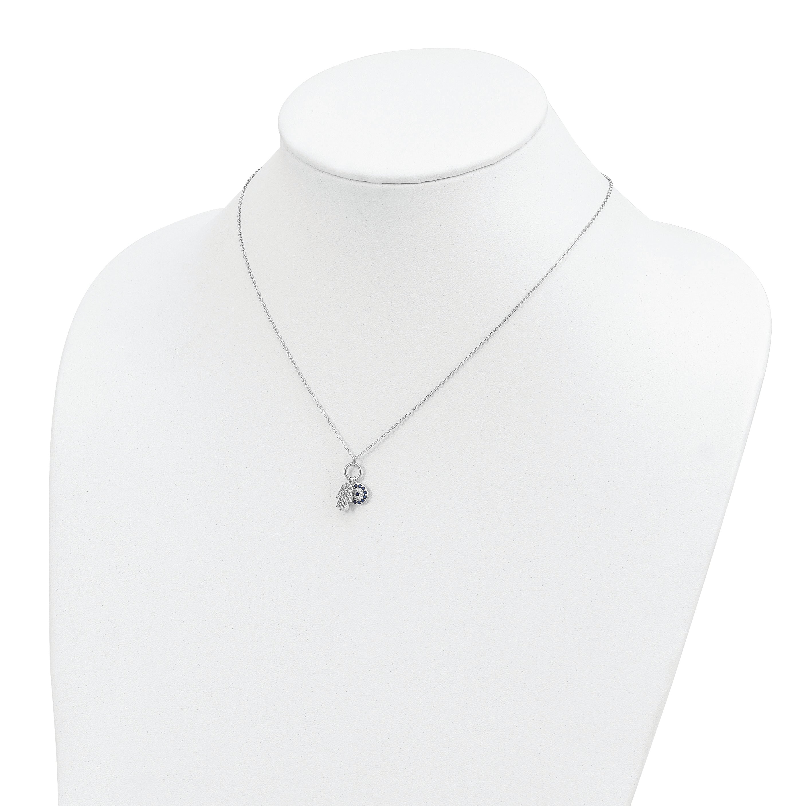 Sterling Silver Rhod-plated CZ Eye and Hamsa Charm Necklace