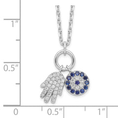 Sterling Silver Rhod-plated CZ Eye and Hamsa Charm Necklace