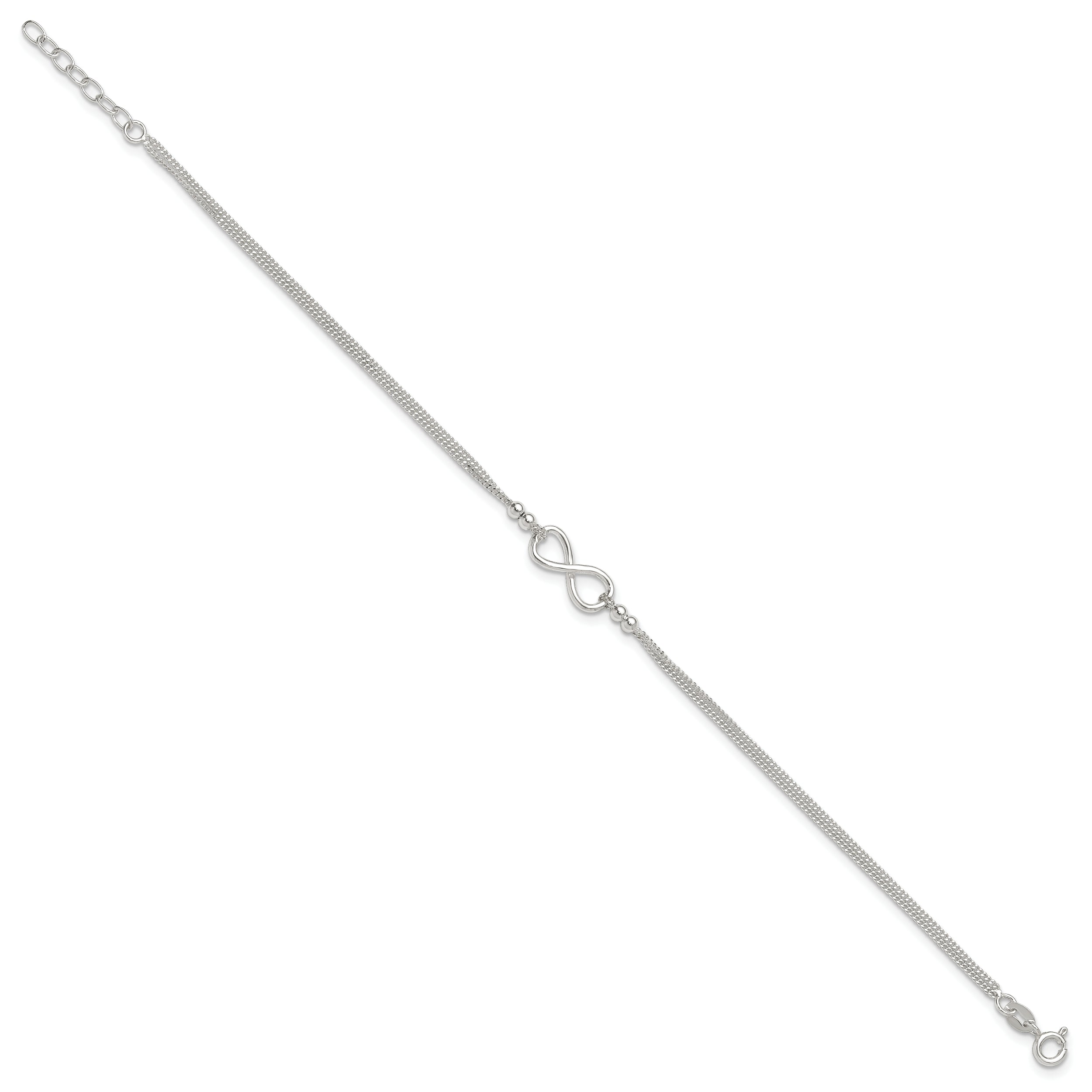 Sterling Silver 2-Strand Beaded Infinity Symbol 9in Plus 1in ext. Anklet