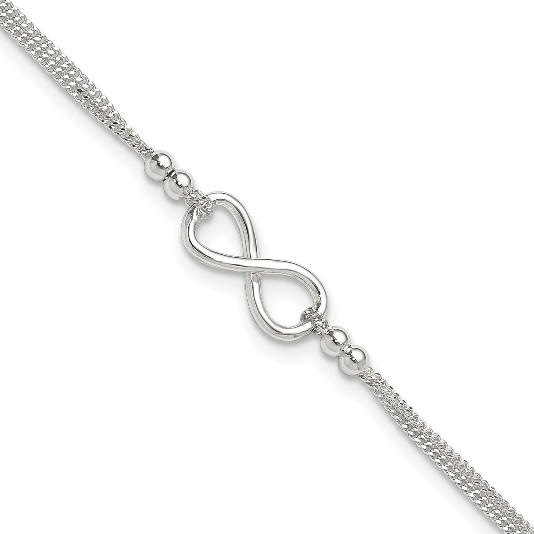 Sterling Silver 2-Strand Beaded Infinity Symbol 10in Plus 1in ext. Anklet