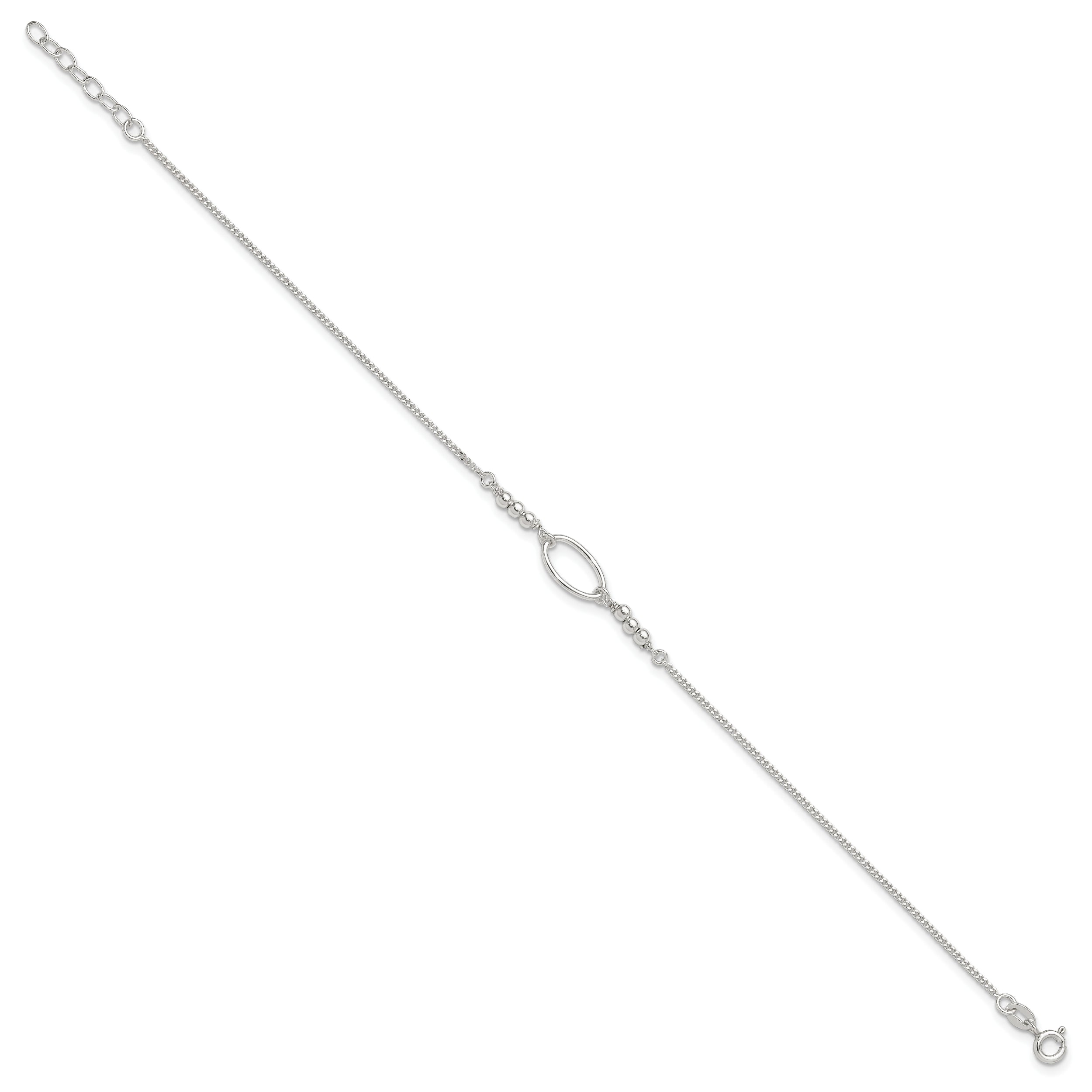 Sterling Silver Oval and Beaded 9in Plus 1in ext. Anklet