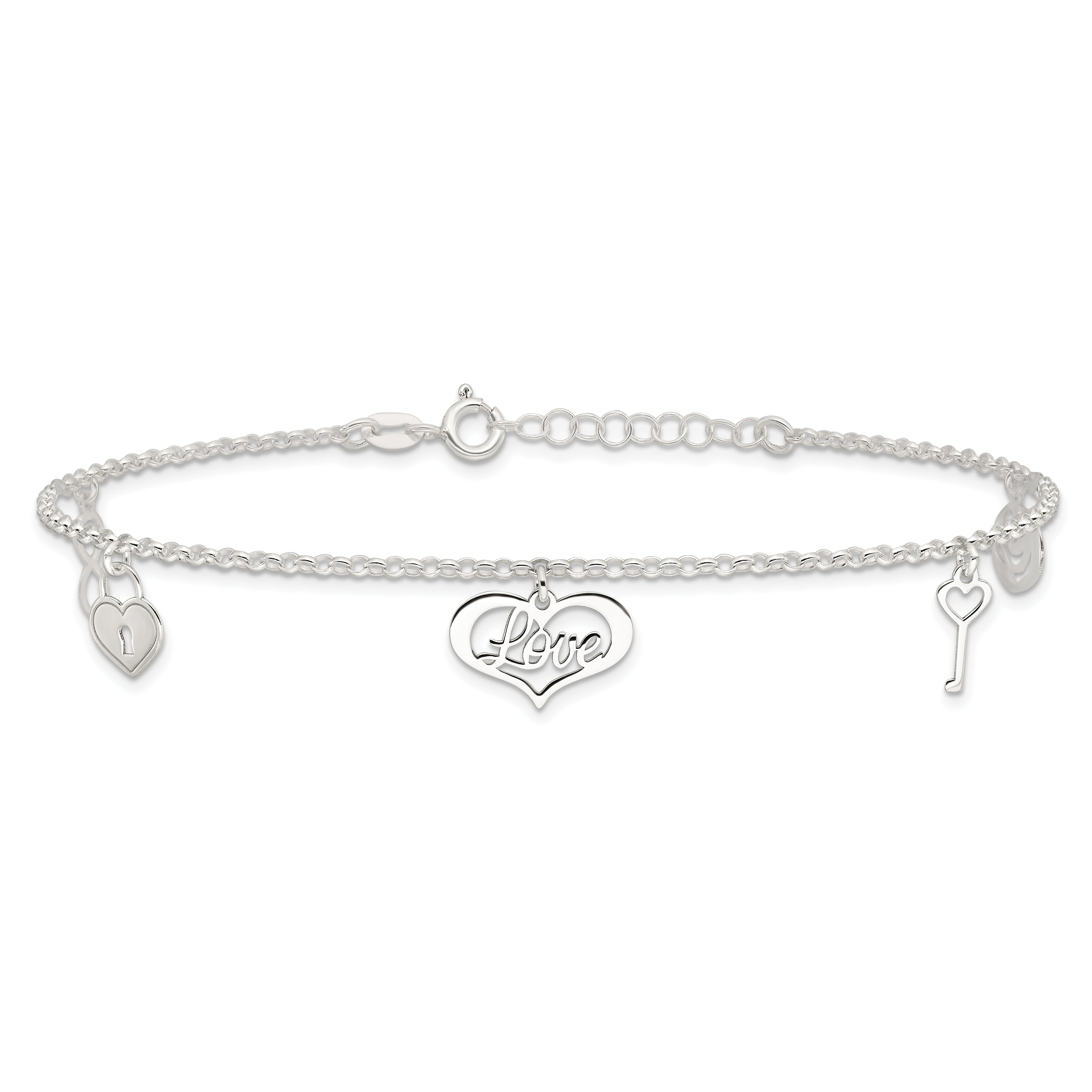 Sterling Silver Love Themed Dangles 9in Plus 1in Ext. Anklet