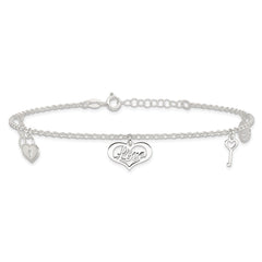 Sterling Silver Love Themed Dangles 9in Plus 1in Ext. Anklet