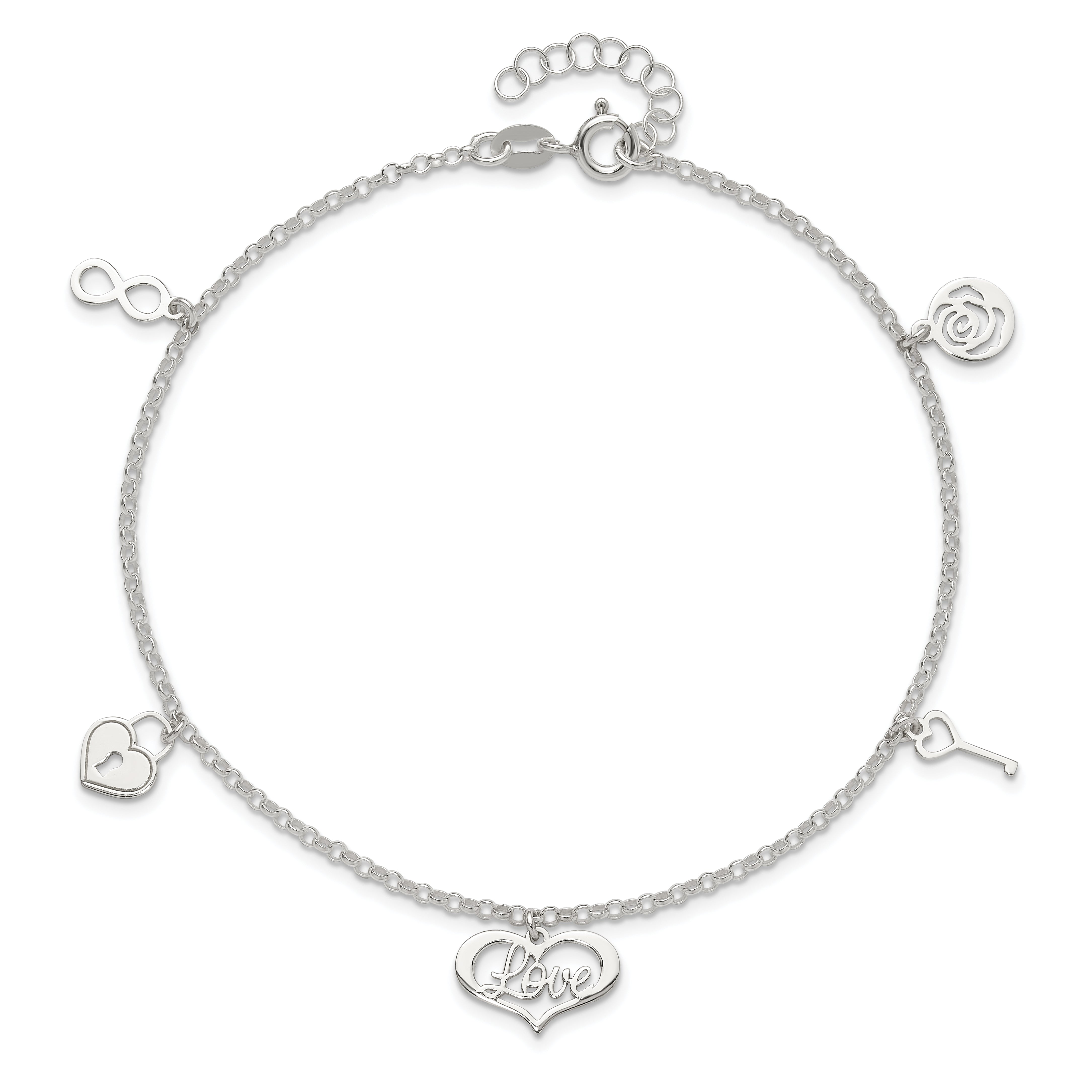 Sterling Silver Love Themed Dangles 9in Plus 1in Ext. Anklet