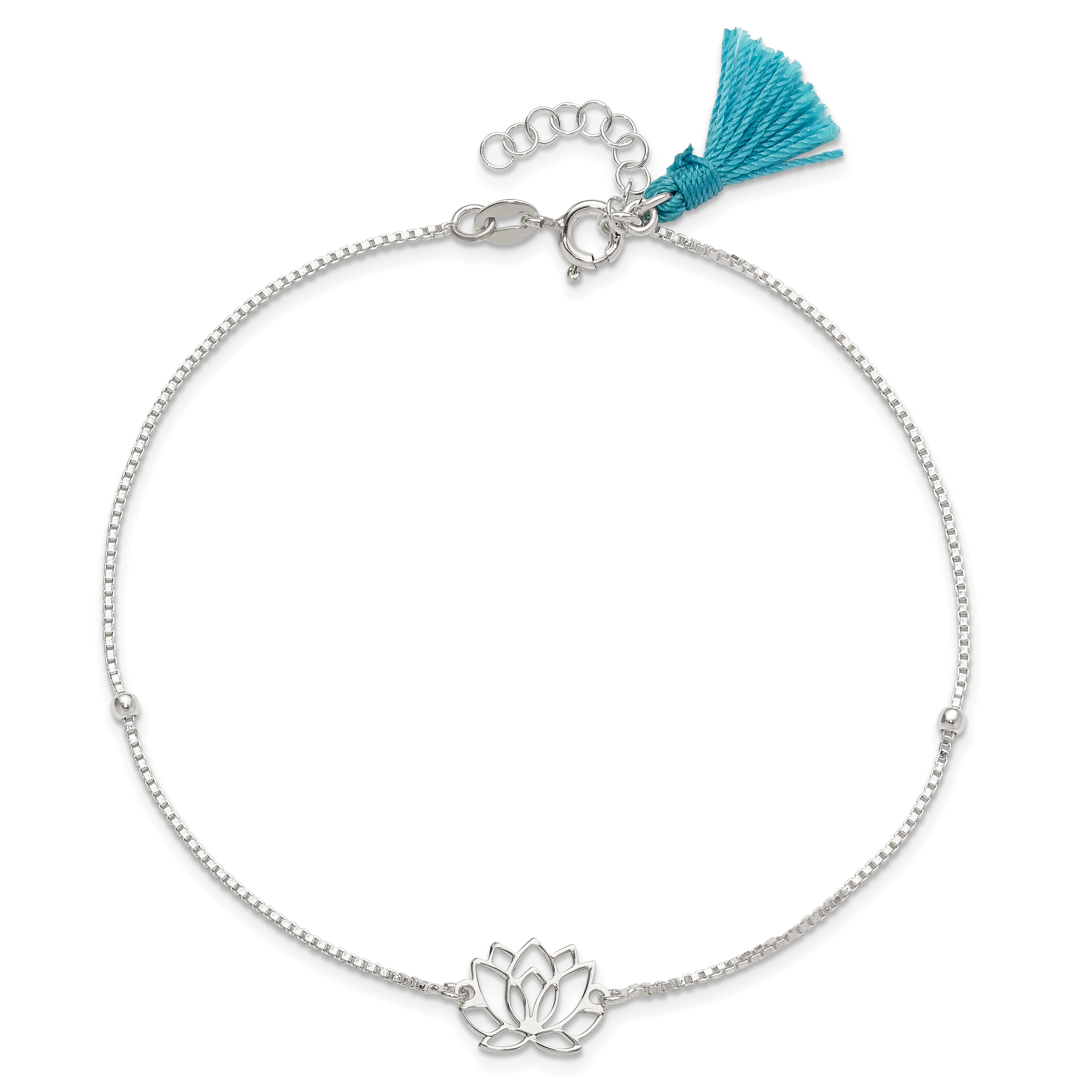 Sterling Silver Lotus with Blue Fabric Tassel 9in Plus 1in ext. Anklet