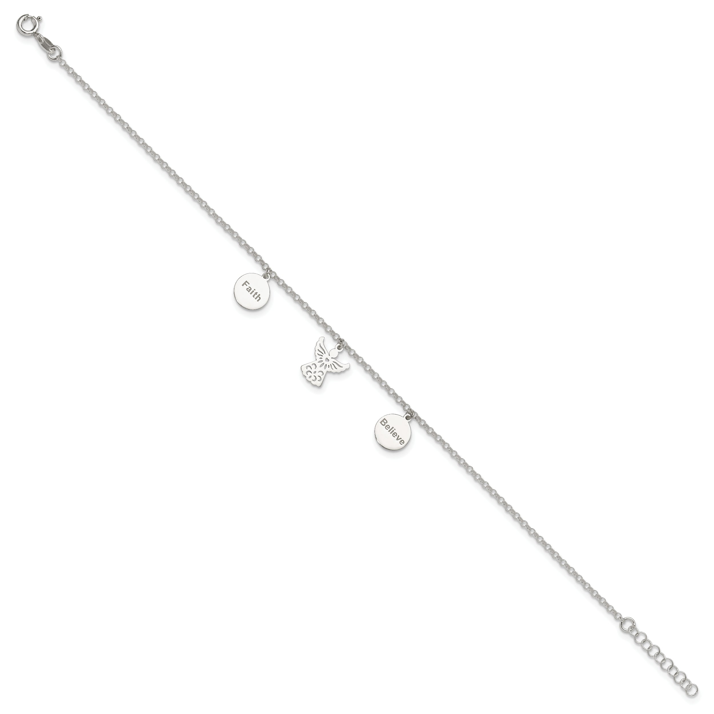 Sterling Silver Faith, Believe and Angel Dangles 9in Plus 1in Ext. Anklet