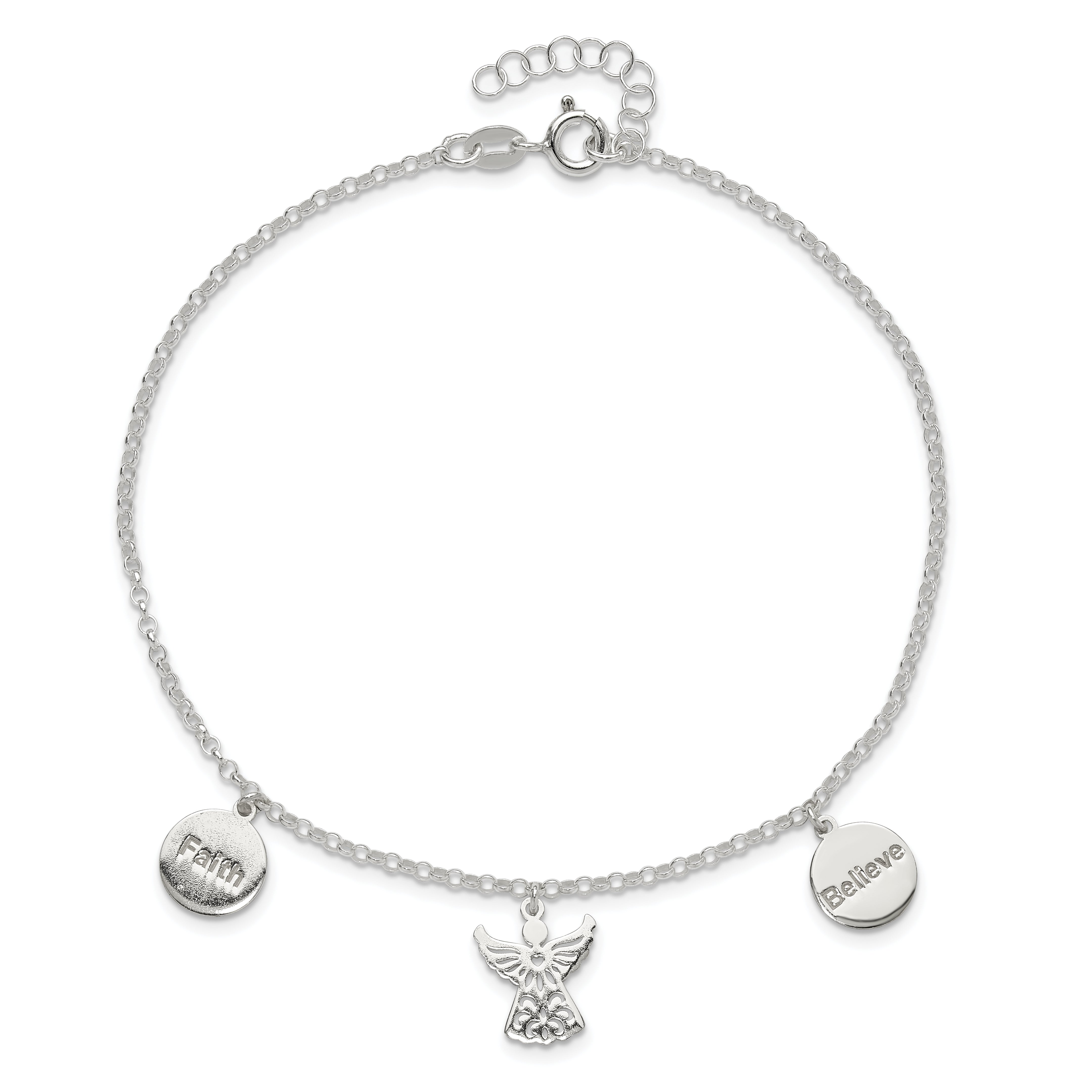 Sterling Silver Faith, Believe and Angel Dangles 9in Plus 1in Ext. Anklet