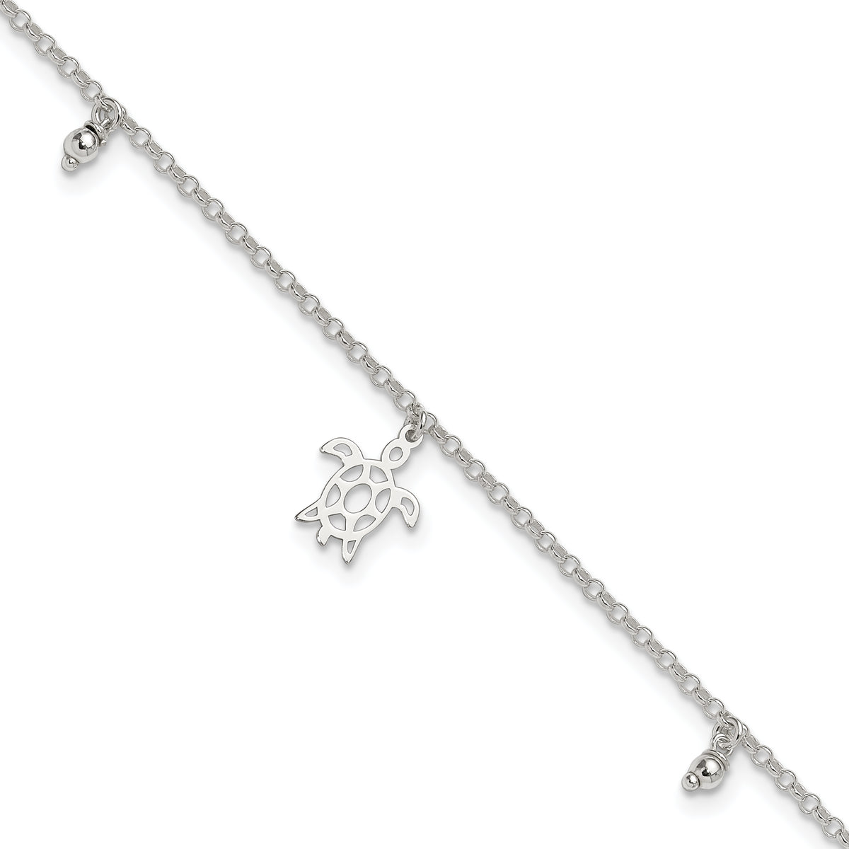 Sterling Silver Turtle Dangle Beads 9in Plus 1in Ext. Anklet