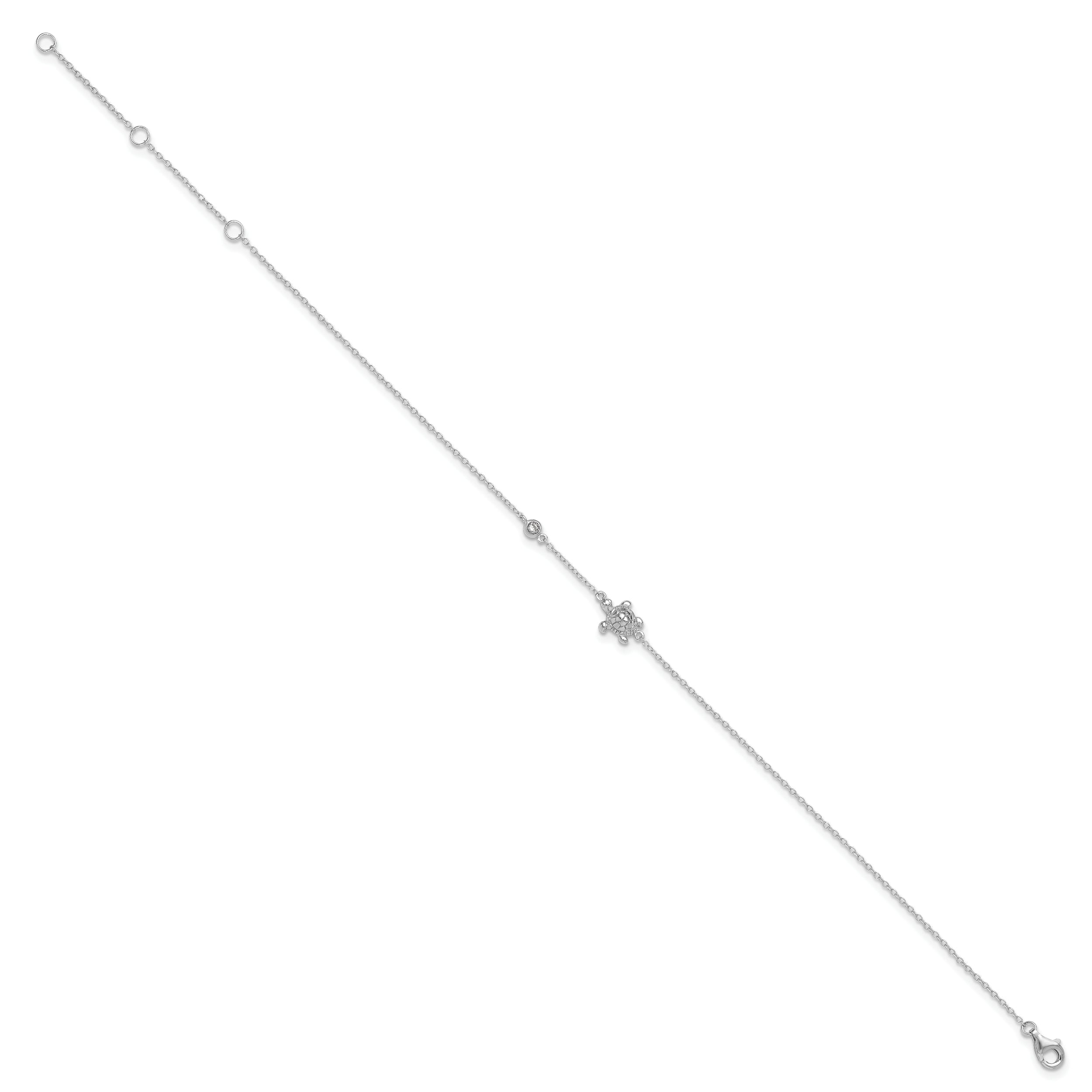 Sterling Silver Rhodium-plated CZ Turtle 9 inch with a 2 inch extention Anklet