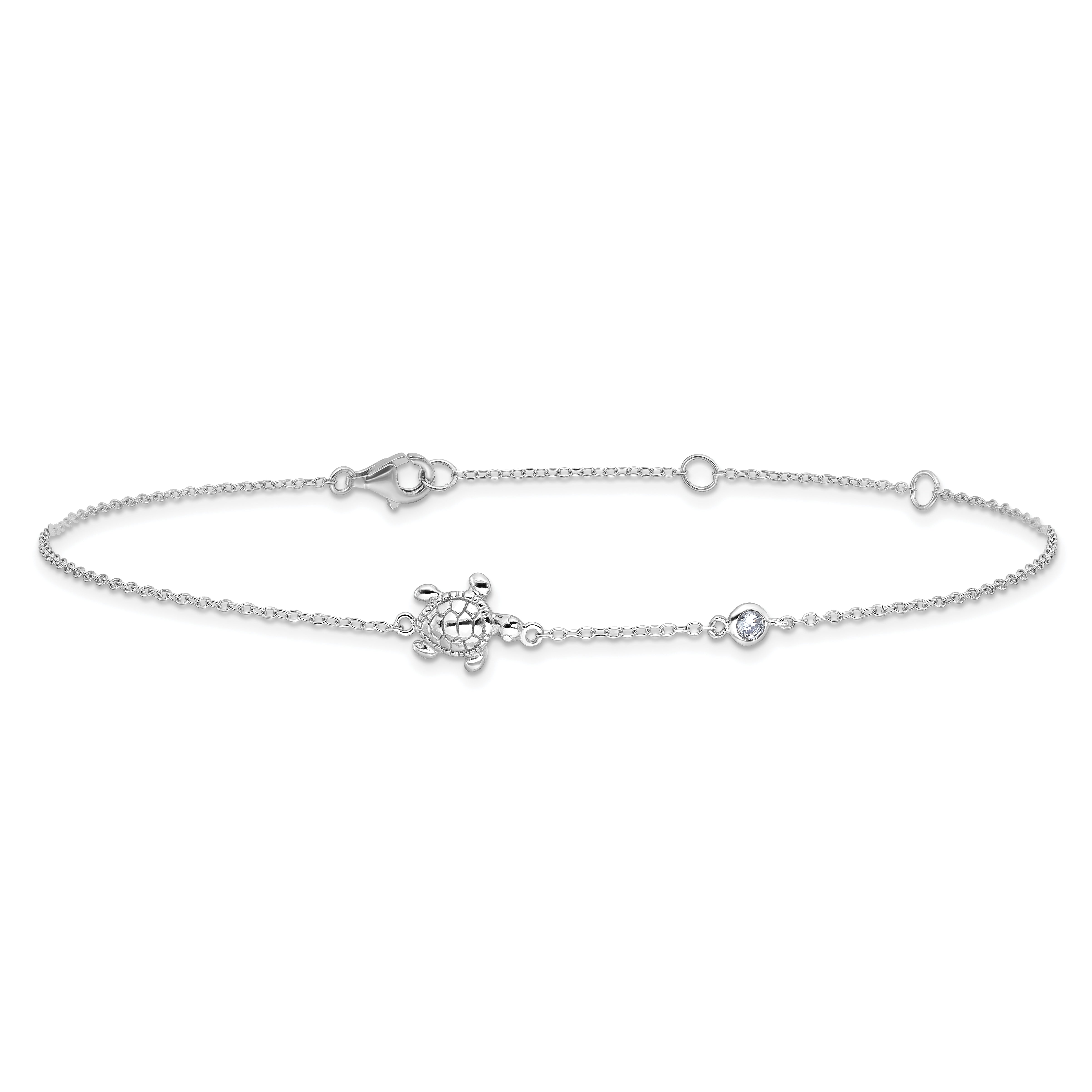 Sterling Silver Rhodium-plated CZ Turtle 9 inch with a 2 inch extention Anklet